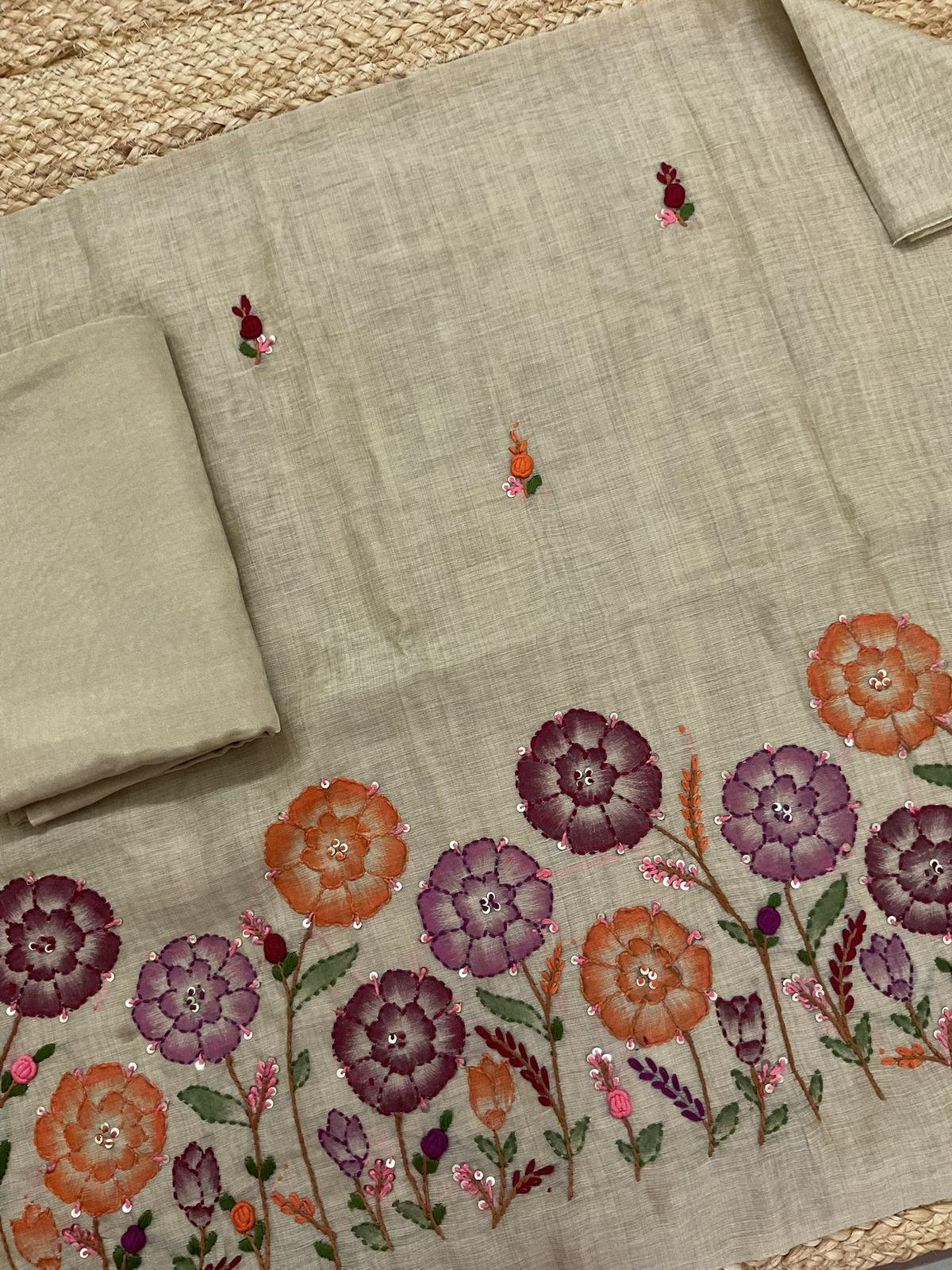 Soft Slub Chanderi Brush Painted Jamdani Weaved Embroidered Suit - Beige