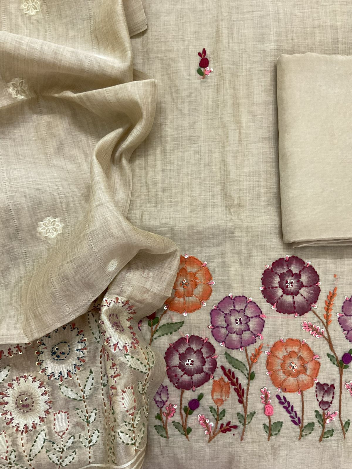Soft Slub Chanderi Brush Painted Jamdani Weaved Embroidered Suit - Beige
