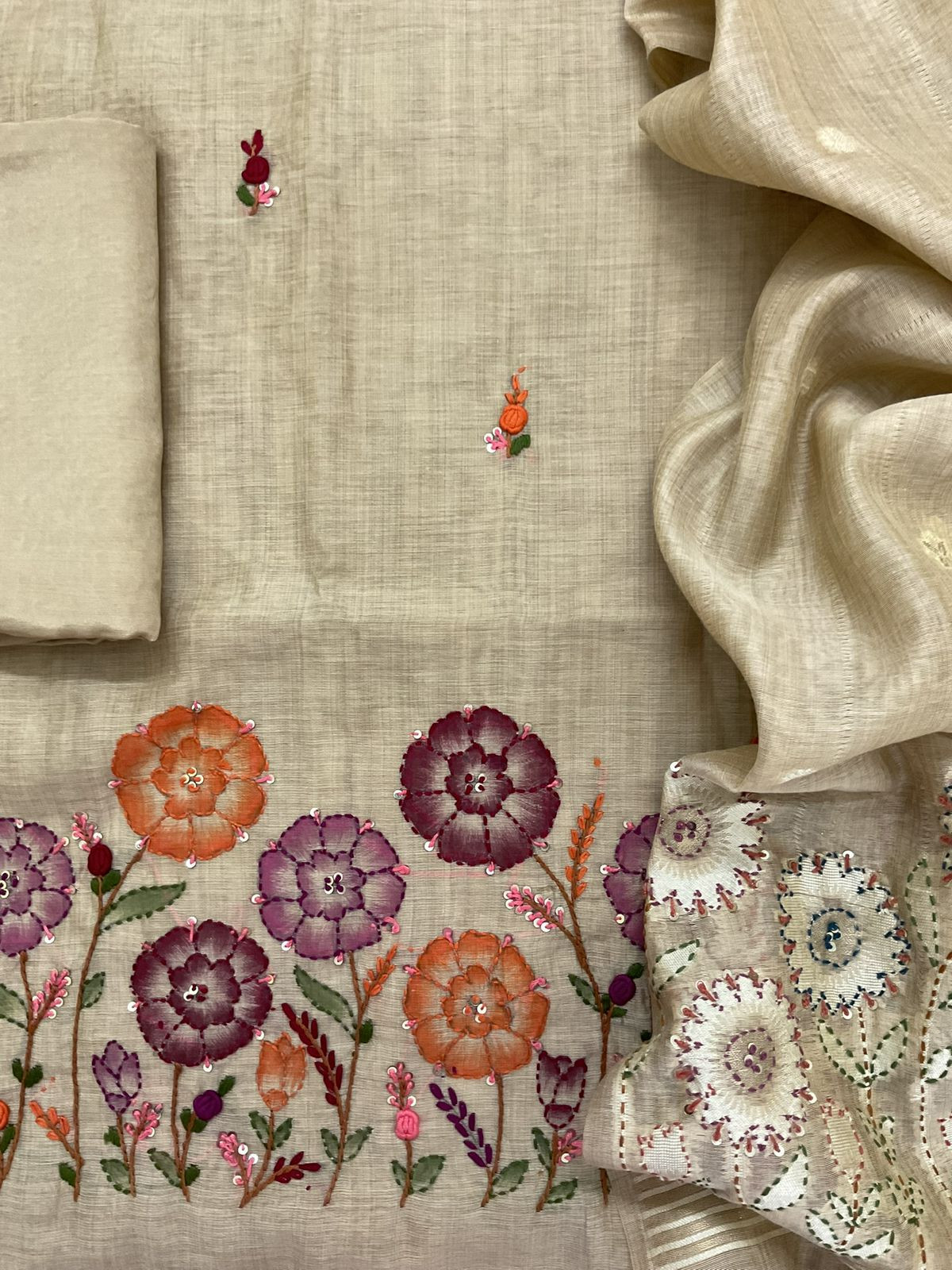 Soft Slub Chanderi Brush Painted Jamdani Weaved Embroidered Suit - Beige