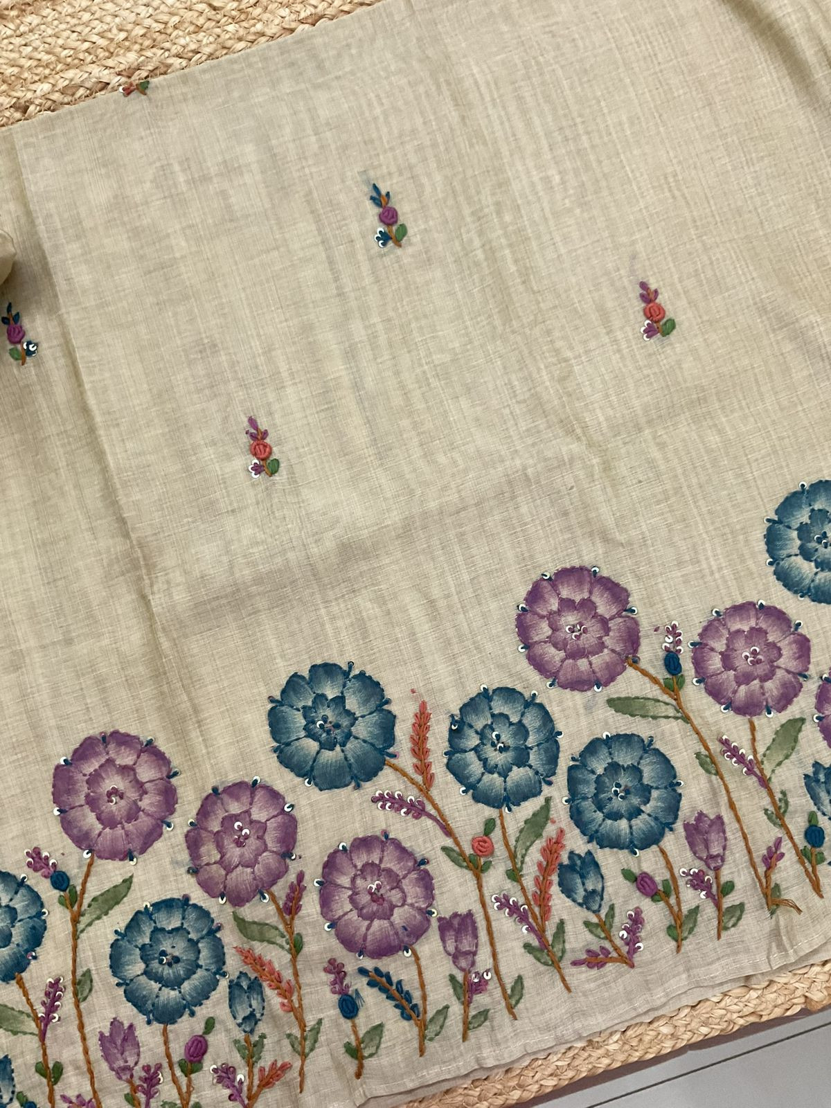 Soft Slub Chanderi Brush Painted Jamdani Weaved Embroidered Suit - Beige