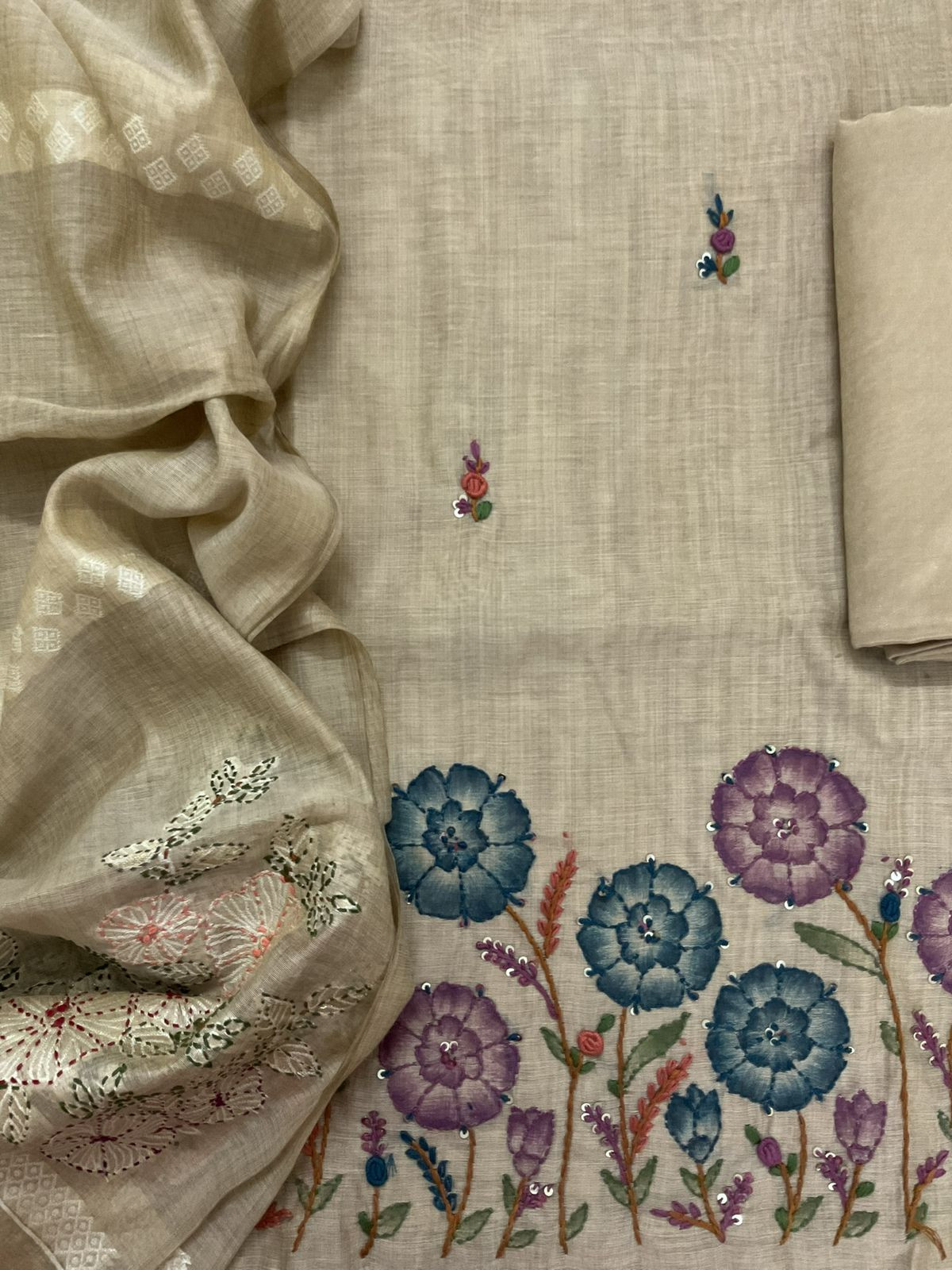 Soft Slub Chanderi Brush Painted Jamdani Weaved Embroidered Suit - Beige