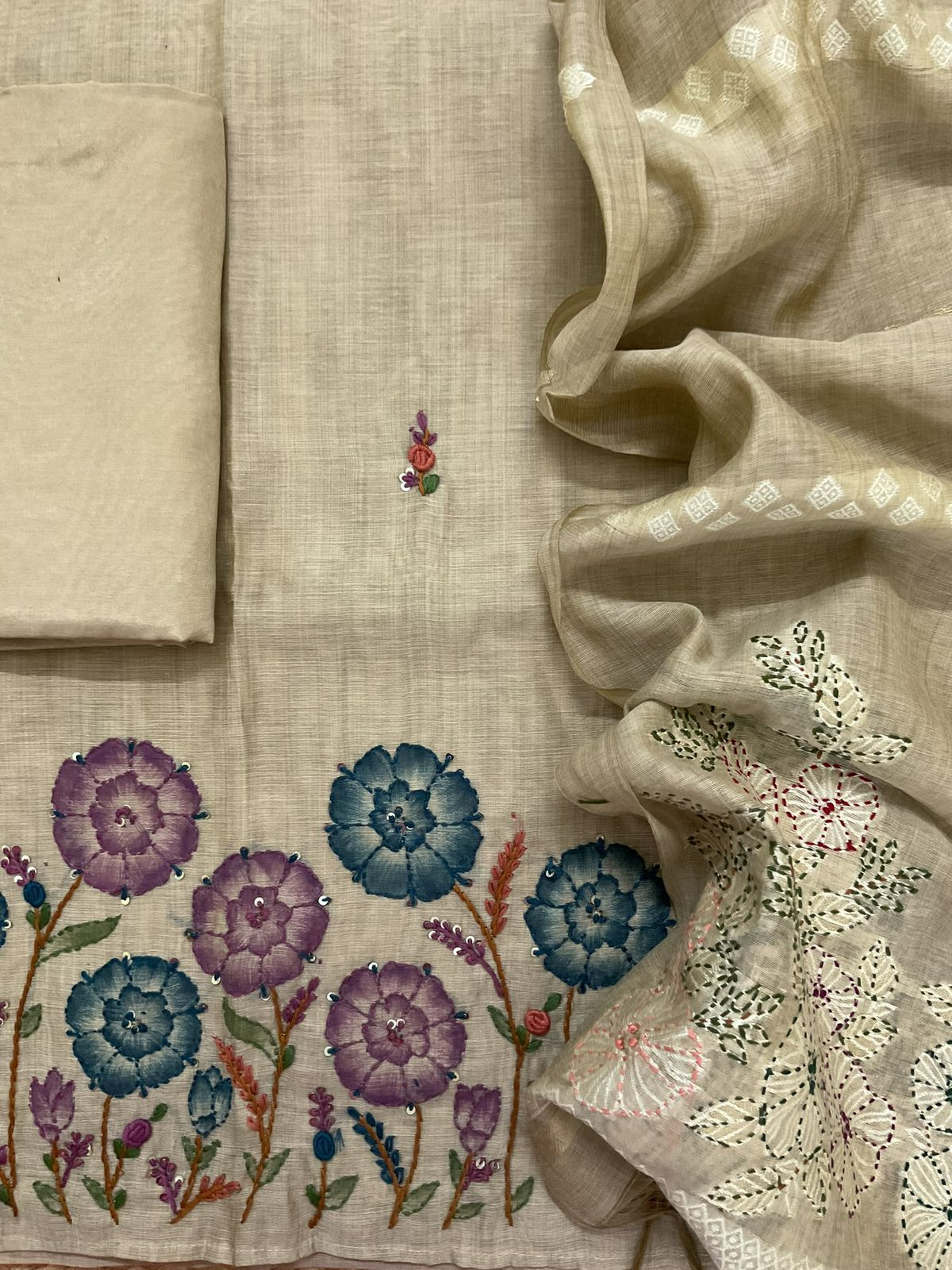 Soft Slub Chanderi Brush Painted Jamdani Weaved Embroidered Suit - Beige