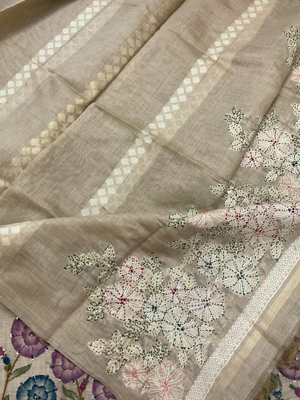 Soft Slub Chanderi Brush Painted Jamdani Weaved Embroidered Suit - Beige