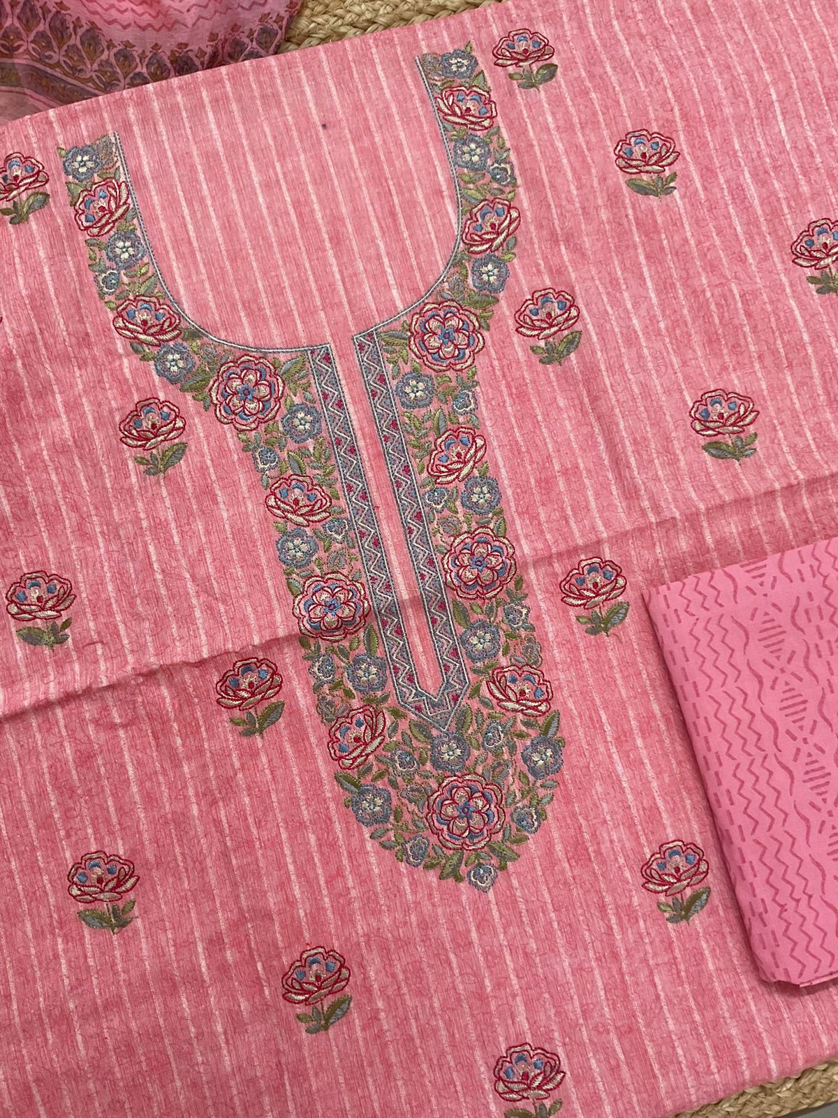 Pure Handloom Cotton Self Weaved Printed Embroidered Suit - Pink