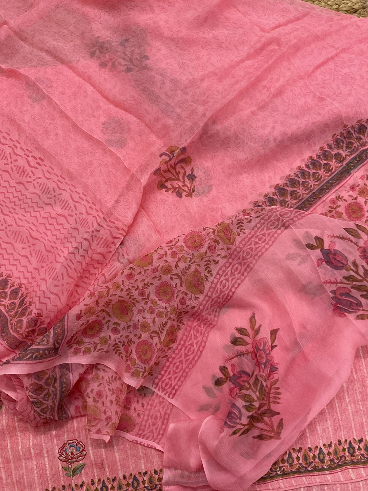 Pure Handloom Cotton Self Weaved Printed Embroidered Suit - Pink