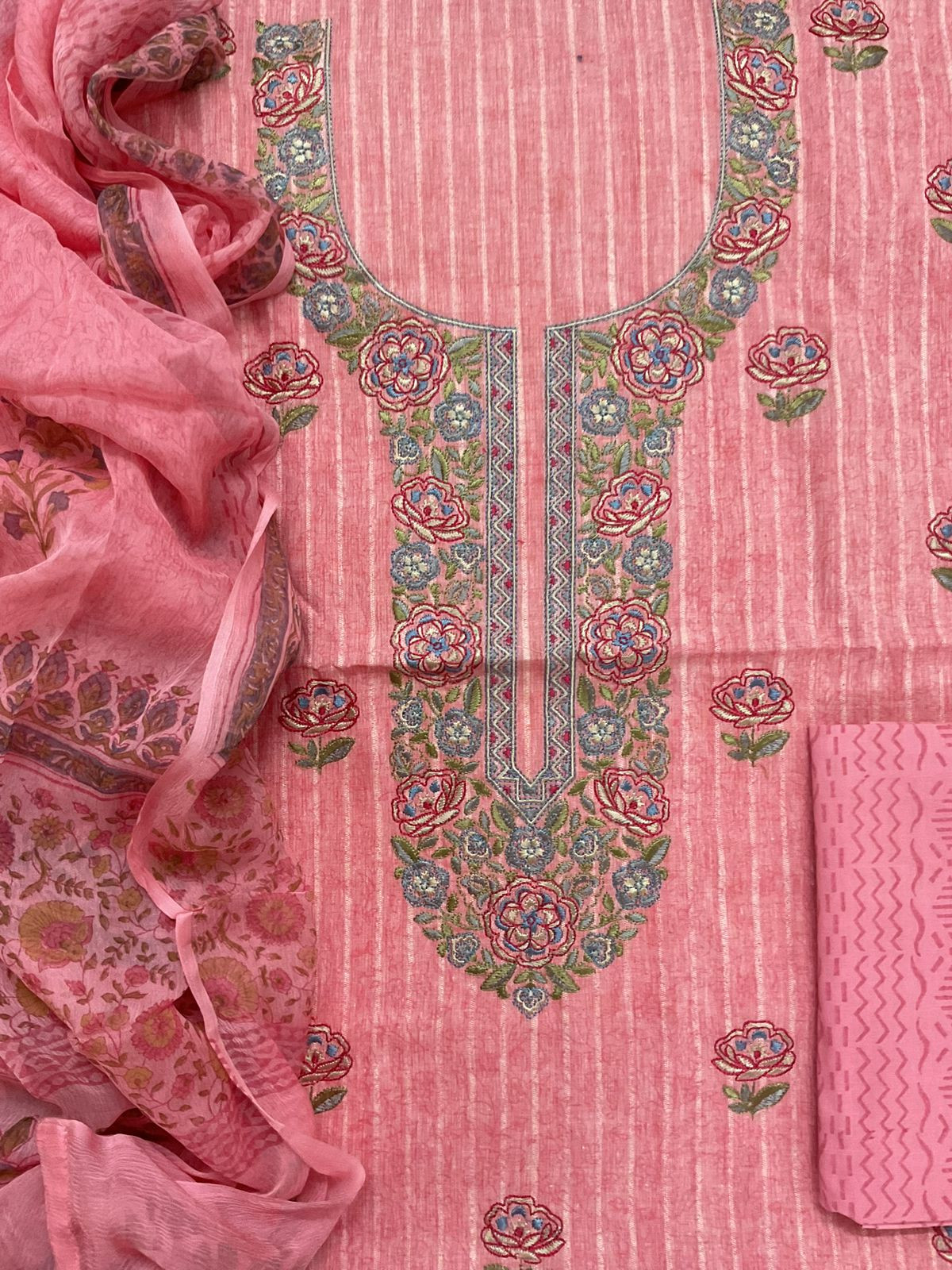 Pure Handloom Cotton Self Weaved Printed Embroidered Suit - Pink