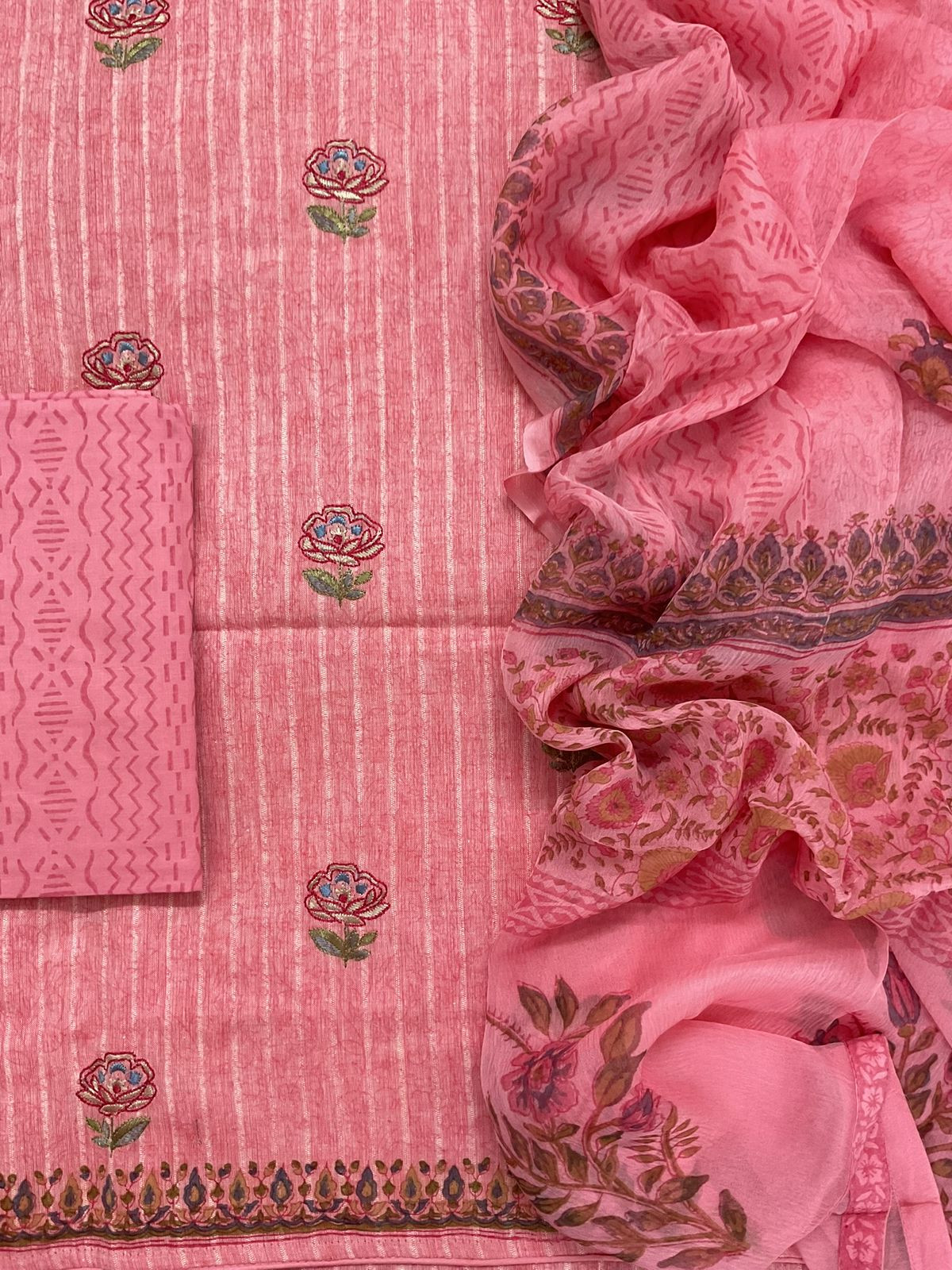 Pure Handloom Cotton Self Weaved Printed Embroidered Suit - Pink