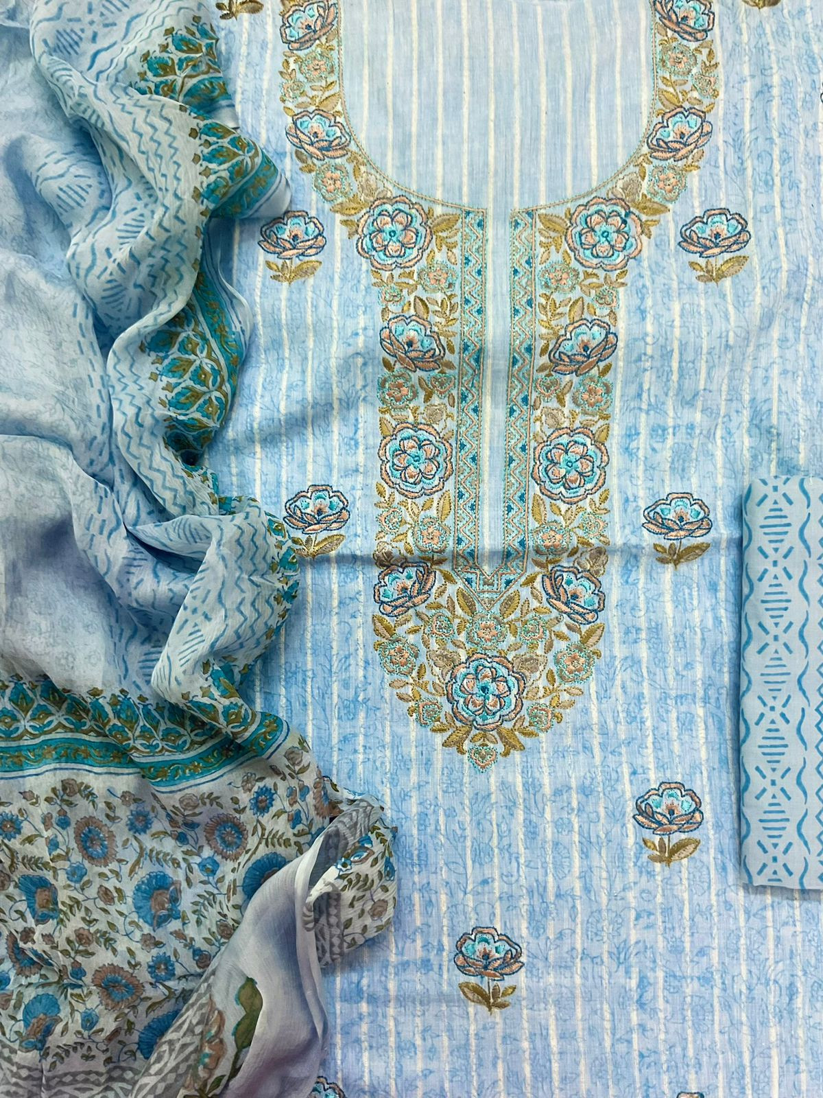 Pure Handloom Cotton Self Weaved Printed Embroidered Suit - Blue