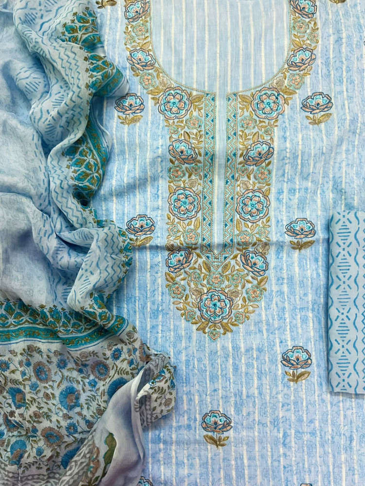 Image of Pure Handloom Cotton Self Weaved Printed Embroidered Suit - Blue