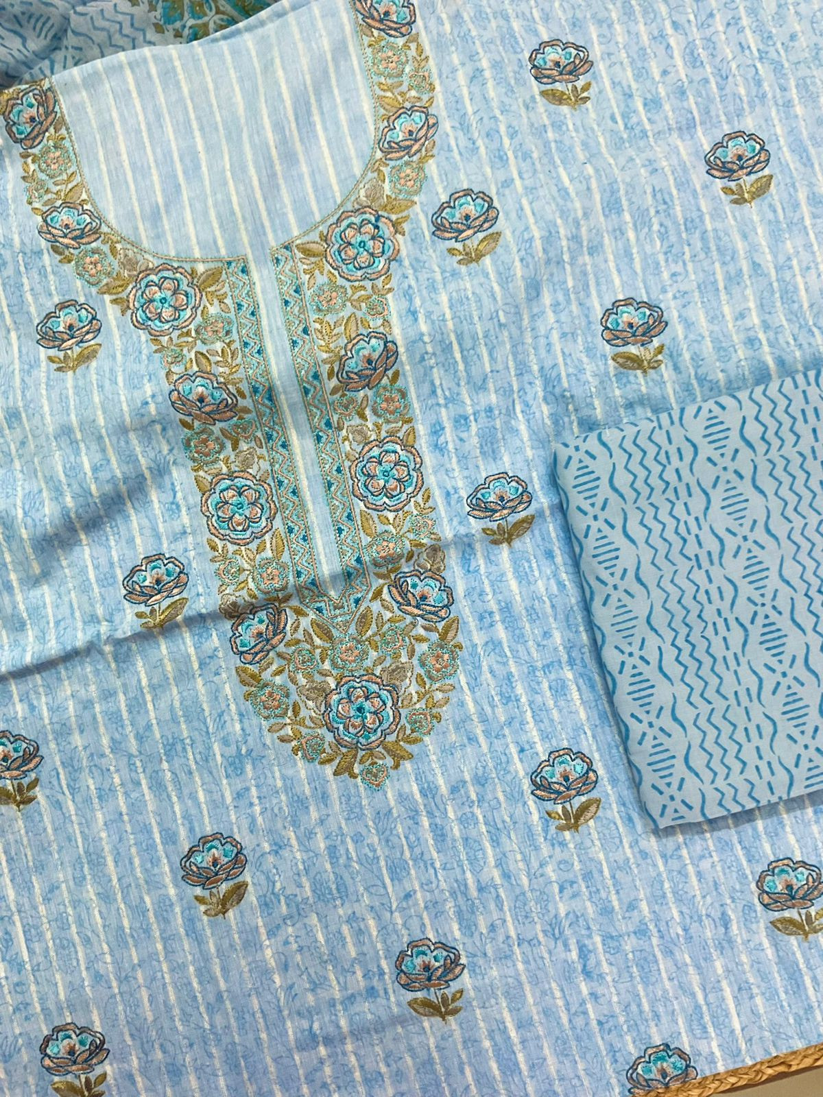 Pure Handloom Cotton Self Weaved Printed Embroidered Suit - Blue