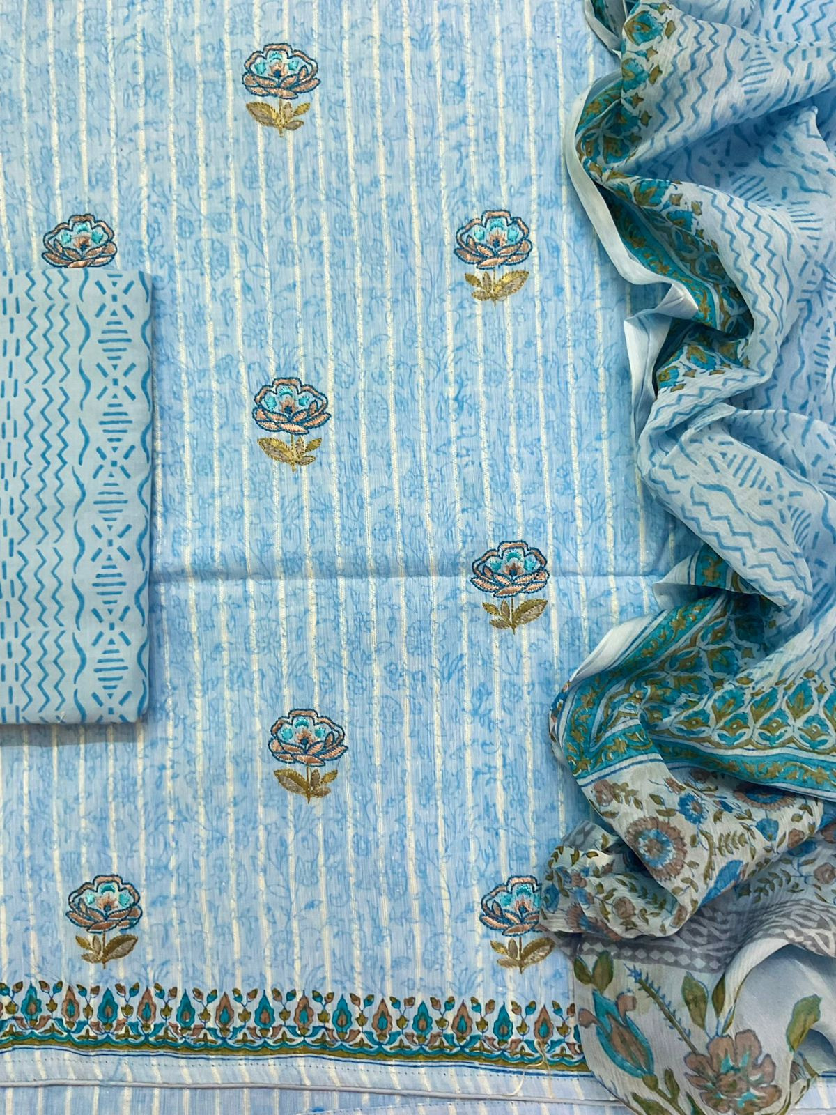 Pure Handloom Cotton Self Weaved Printed Embroidered Suit - Blue