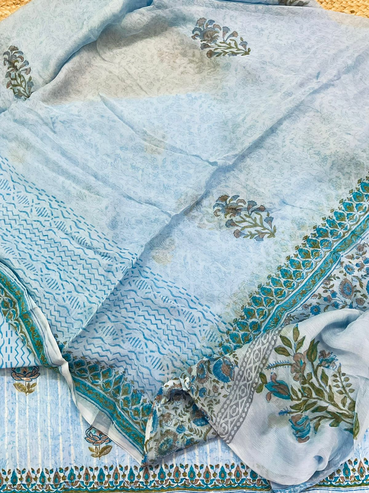 Pure Handloom Cotton Self Weaved Printed Embroidered Suit - Blue