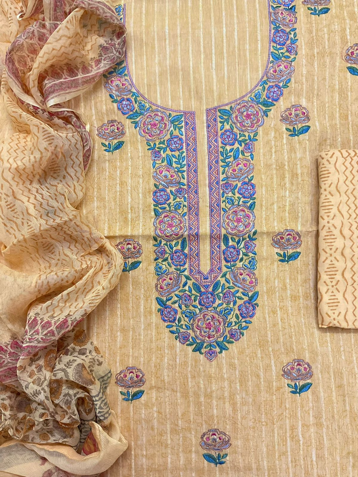 Pure Handloom Cotton Self Weaved Printed Embroidered Suit - Yellow