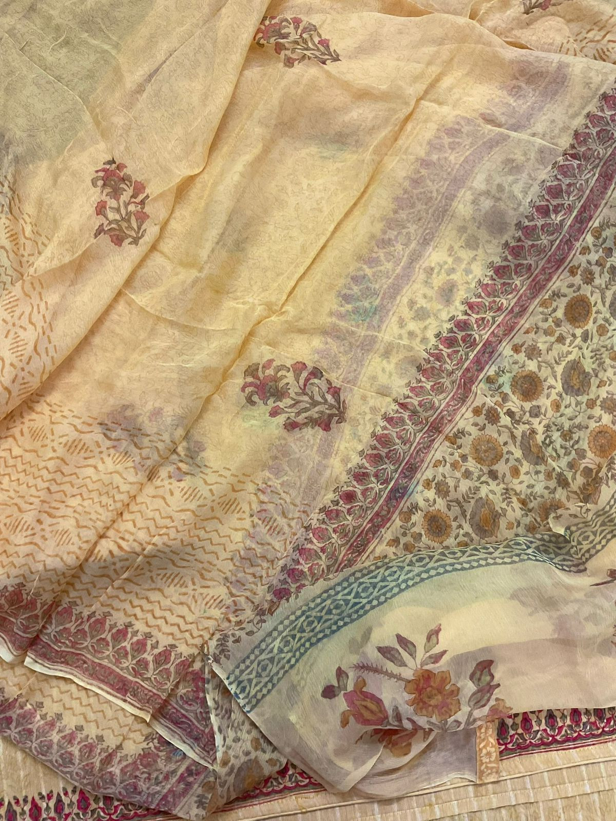 Pure Handloom Cotton Self Weaved Printed Embroidered Suit - Yellow