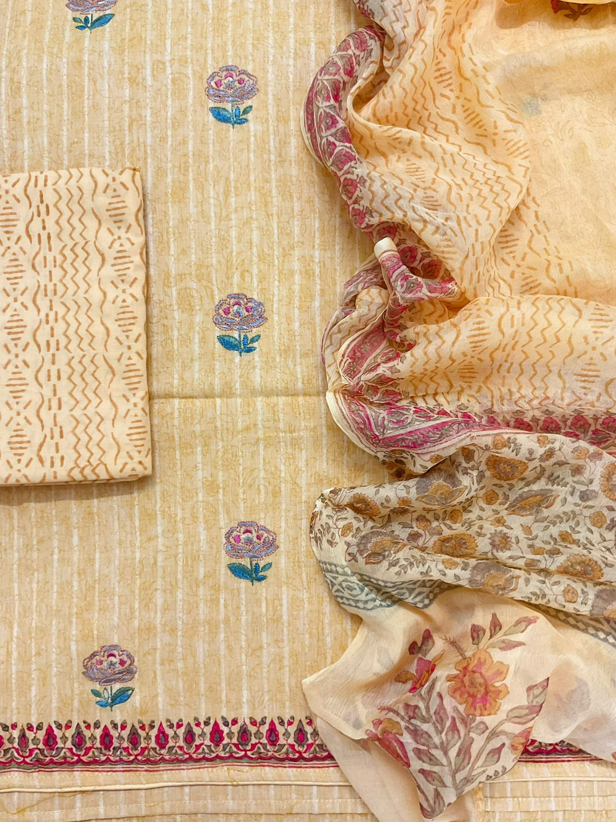 Pure Handloom Cotton Self Weaved Printed Embroidered Suit - Yellow