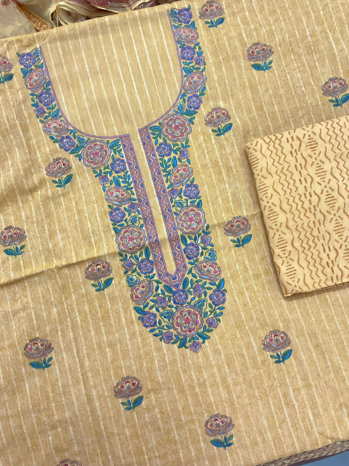 Pure Handloom Cotton Self Weaved Printed Embroidered Suit - Yellow