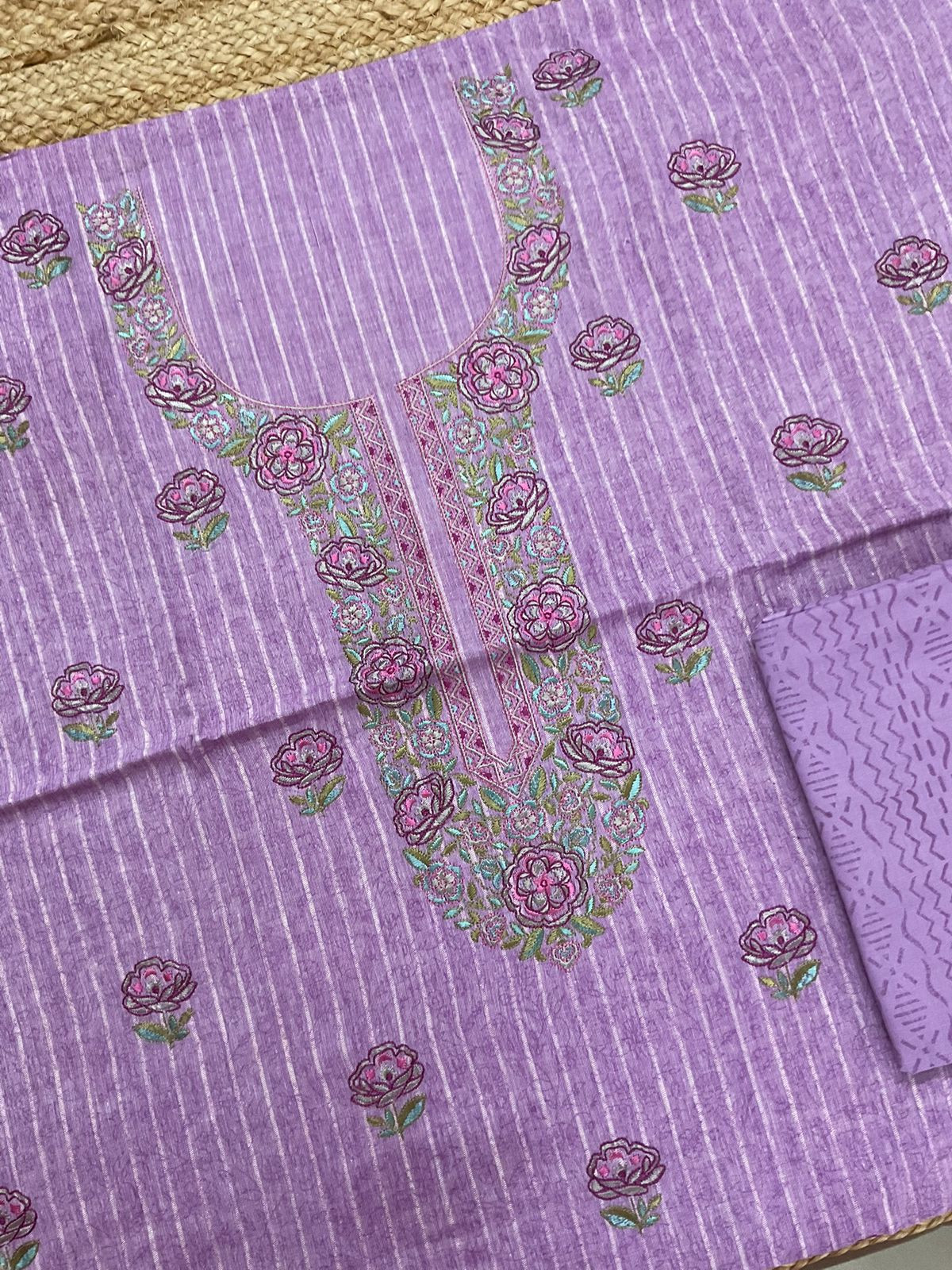 Pure Handloom Cotton Self Weaved Printed Embroidered Suit - Purple