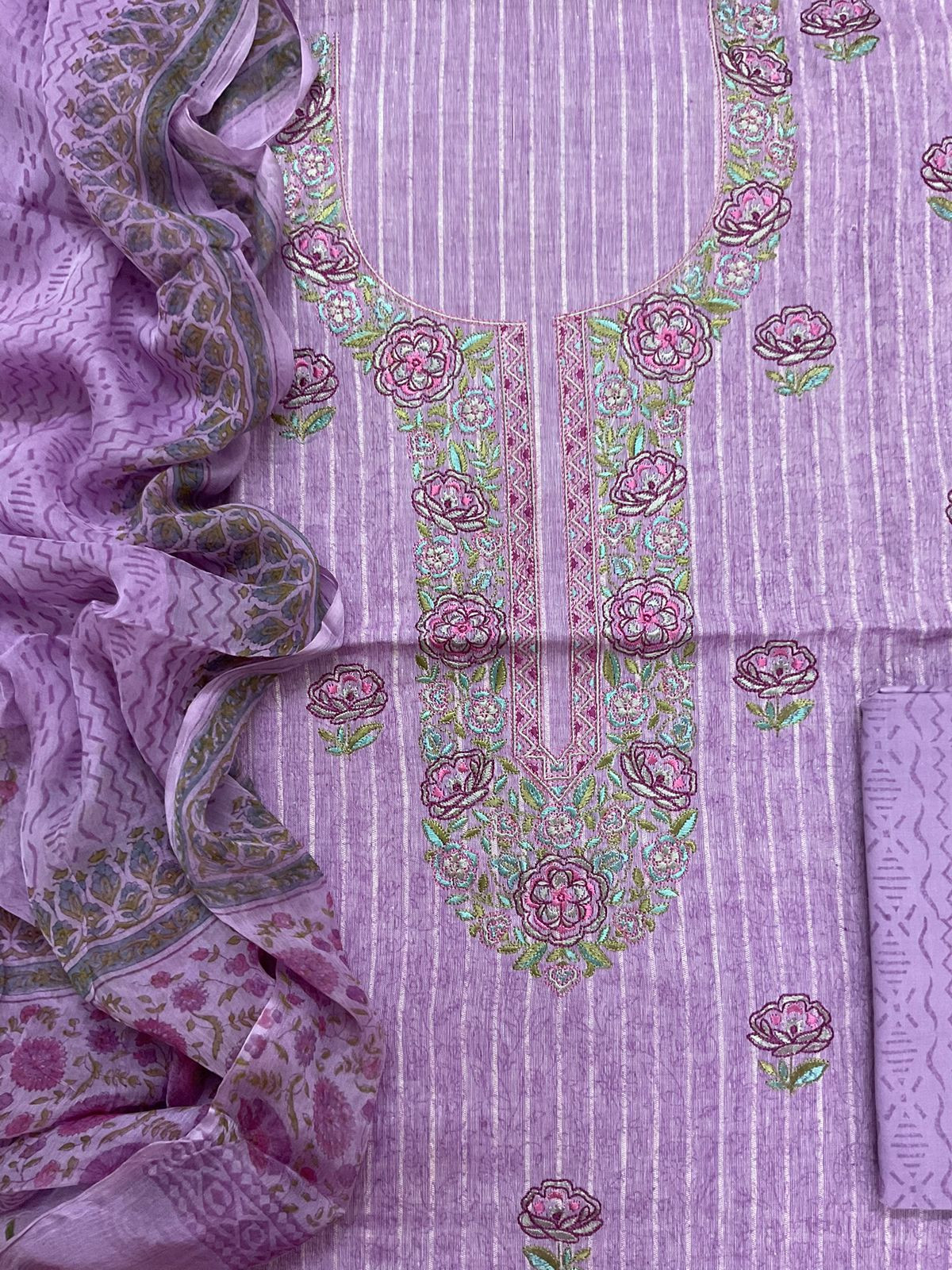 Pure Handloom Cotton Self Weaved Printed Embroidered Suit - Purple