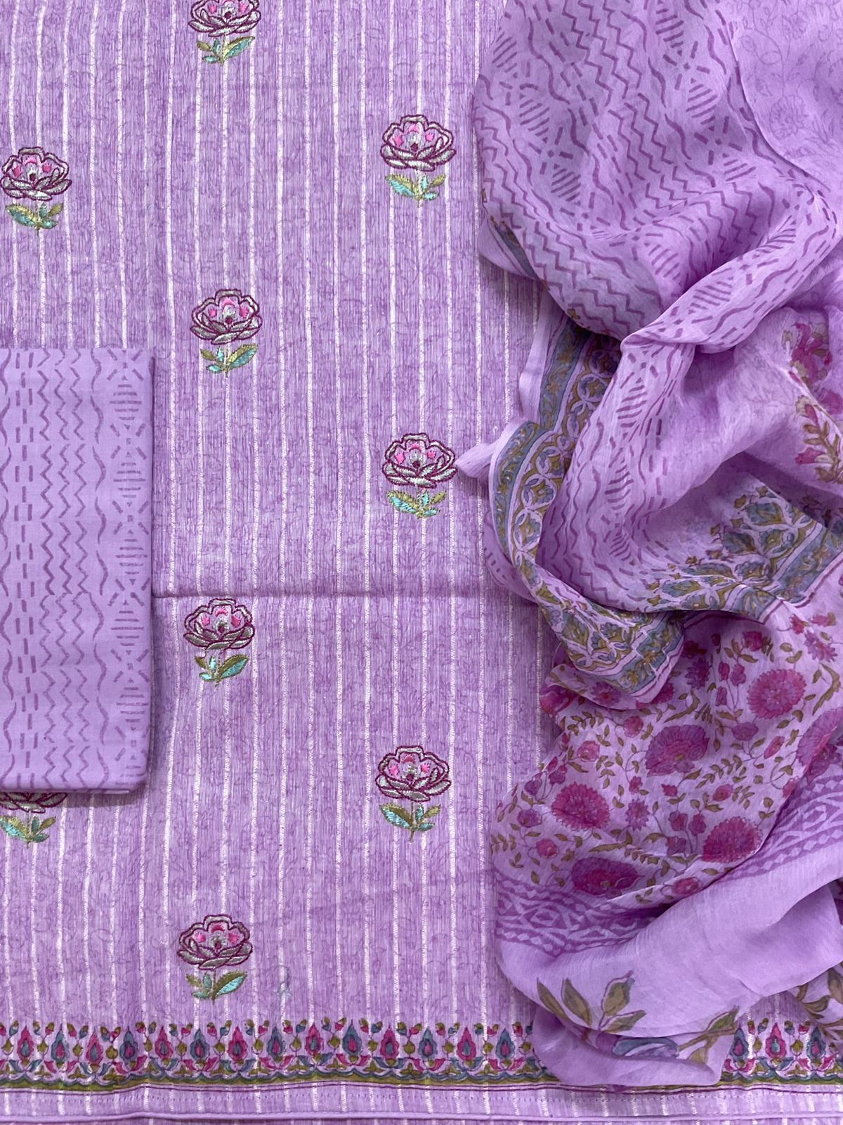 Pure Handloom Cotton Self Weaved Printed Embroidered Suit - Purple