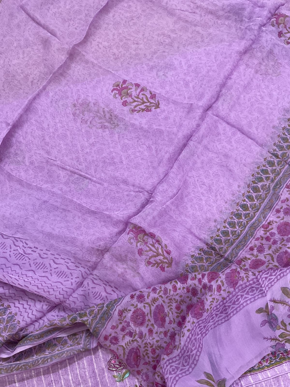 Pure Handloom Cotton Self Weaved Printed Embroidered Suit - Purple