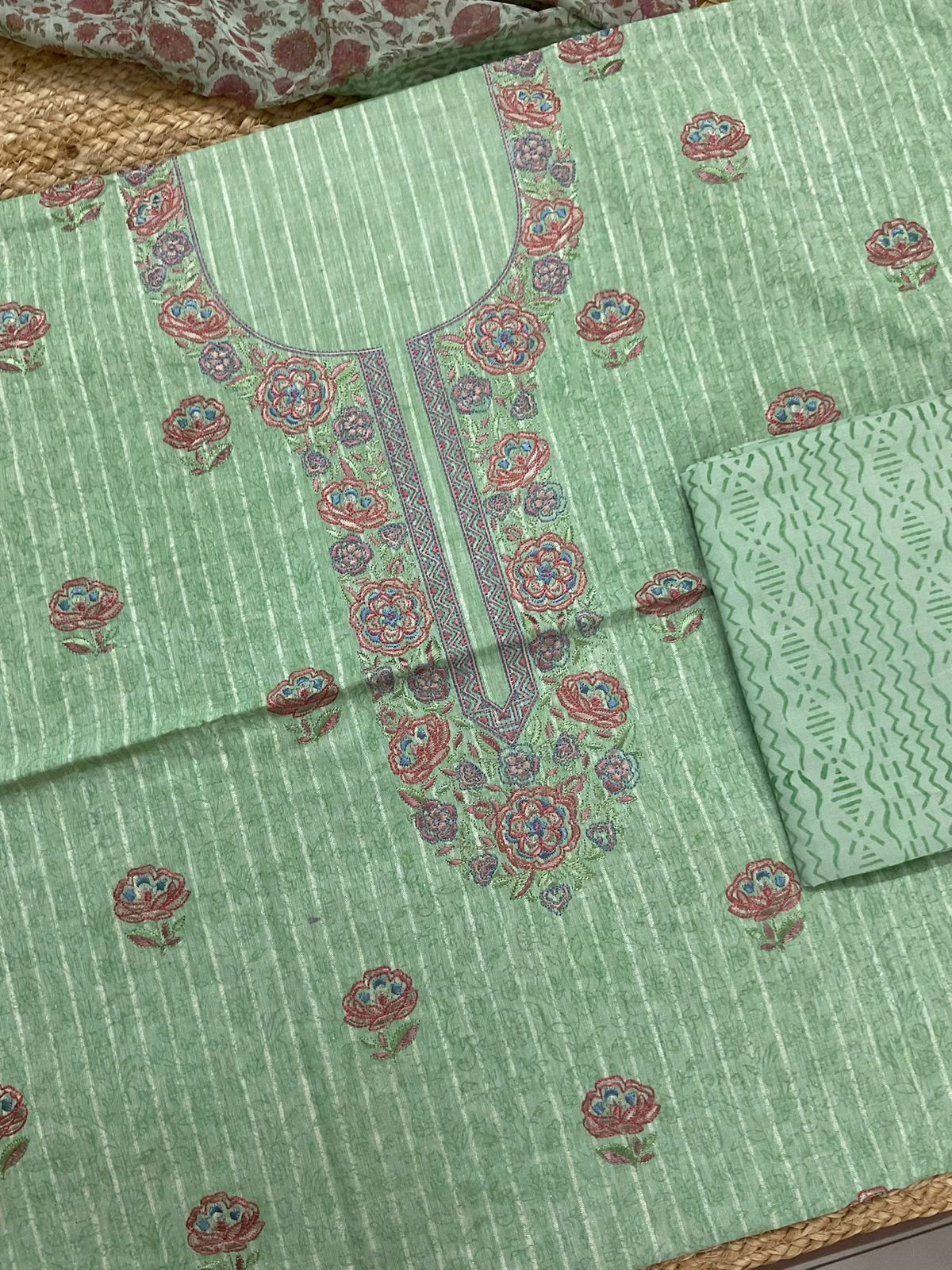 Pure Handloom Cotton Self Weaved Printed Embroidered Suit - Green