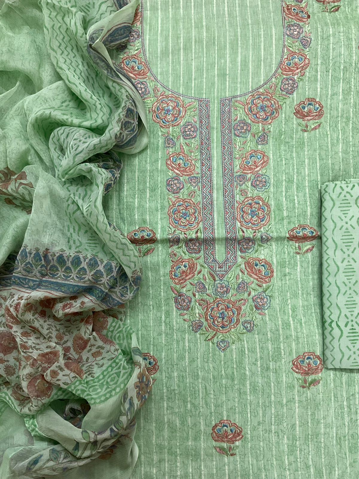 Pure Handloom Cotton Self Weaved Printed Embroidered Suit - Green