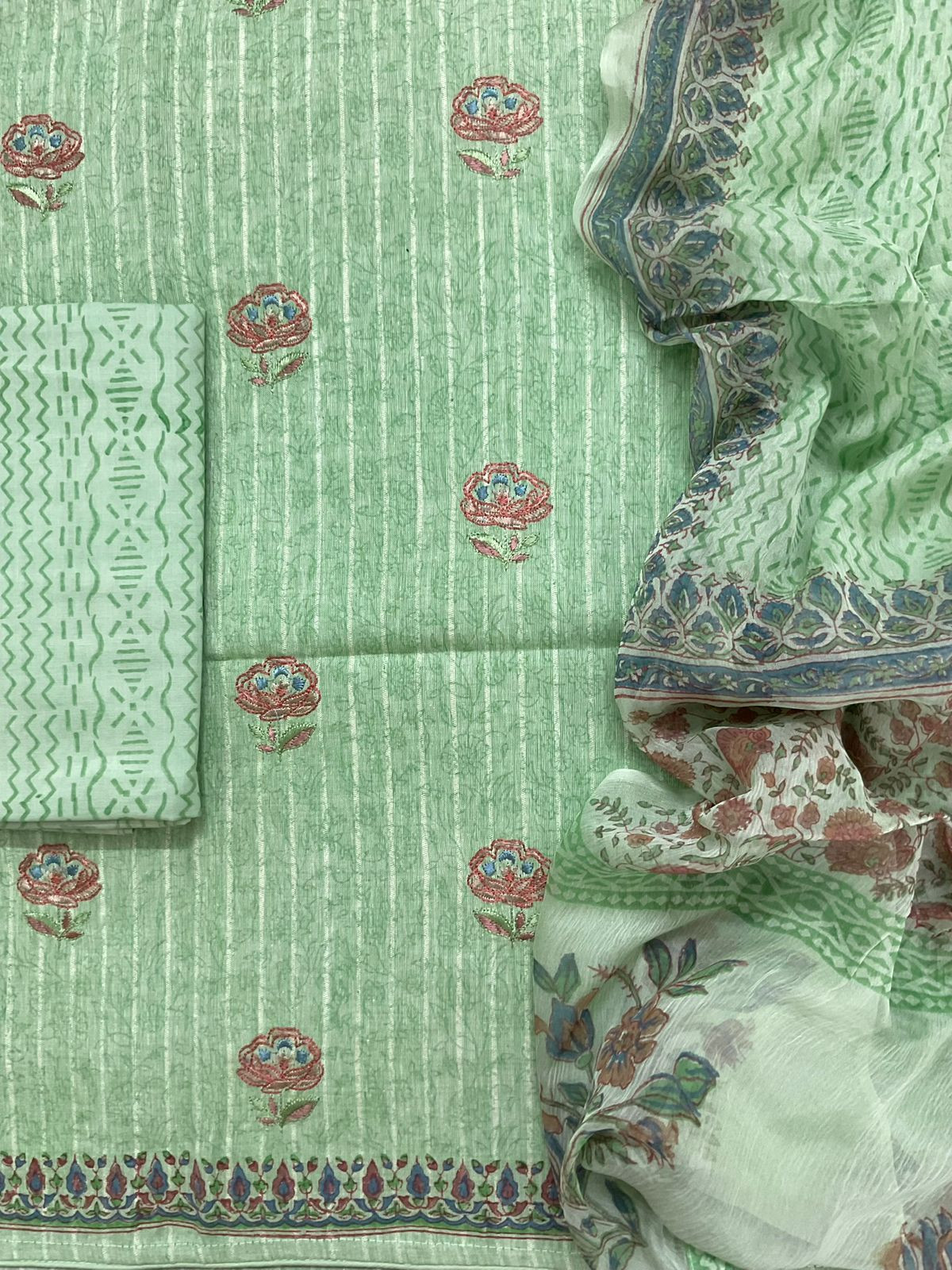 Pure Handloom Cotton Self Weaved Printed Embroidered Suit - Green