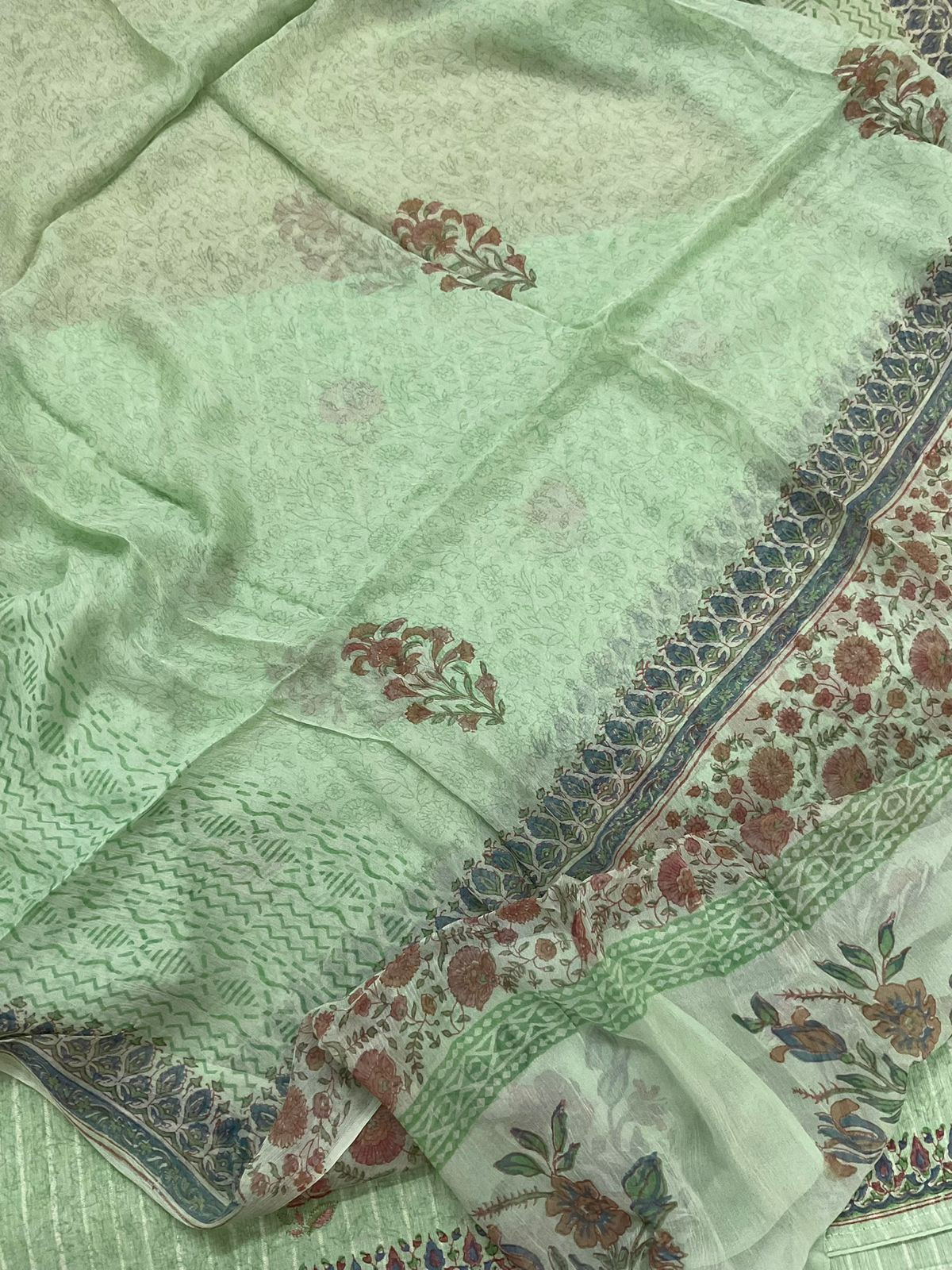 Pure Handloom Cotton Self Weaved Printed Embroidered Suit - Green