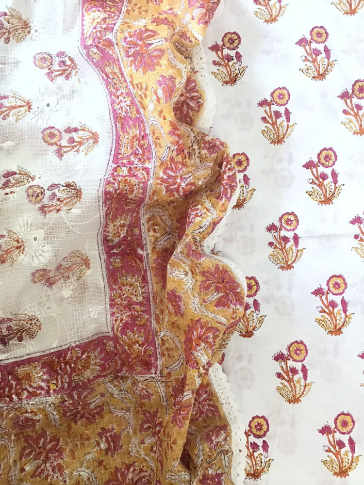 Image of Pure Cotton Printed Embroidered Suit - White