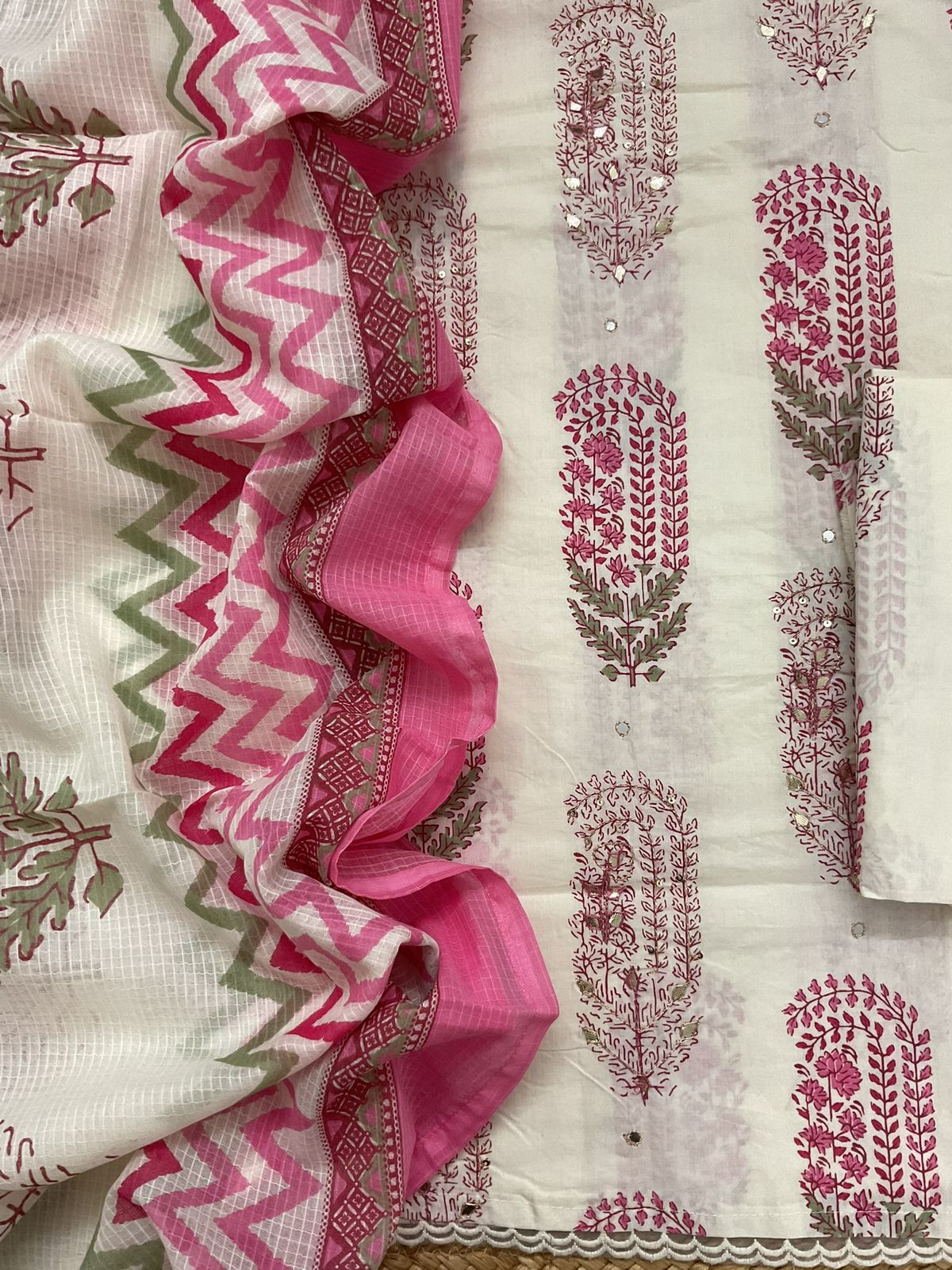 Pure Cotton Printed Embroidered Suit - Off White