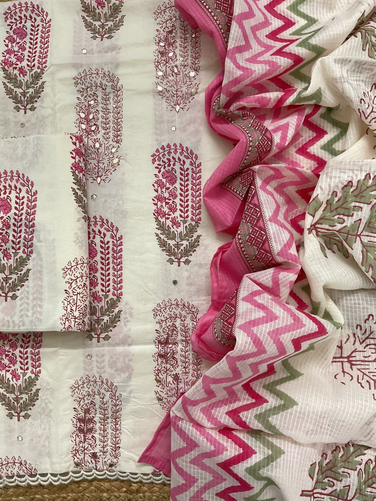 Pure Cotton Printed Embroidered Suit - Off White