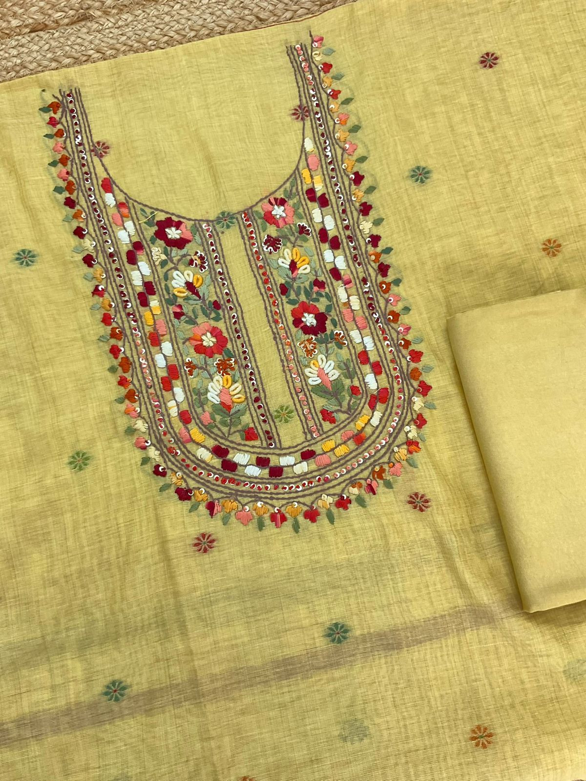 Soft Slub Chanderi Jamdani Weaved Embroidered Suit - Yellow