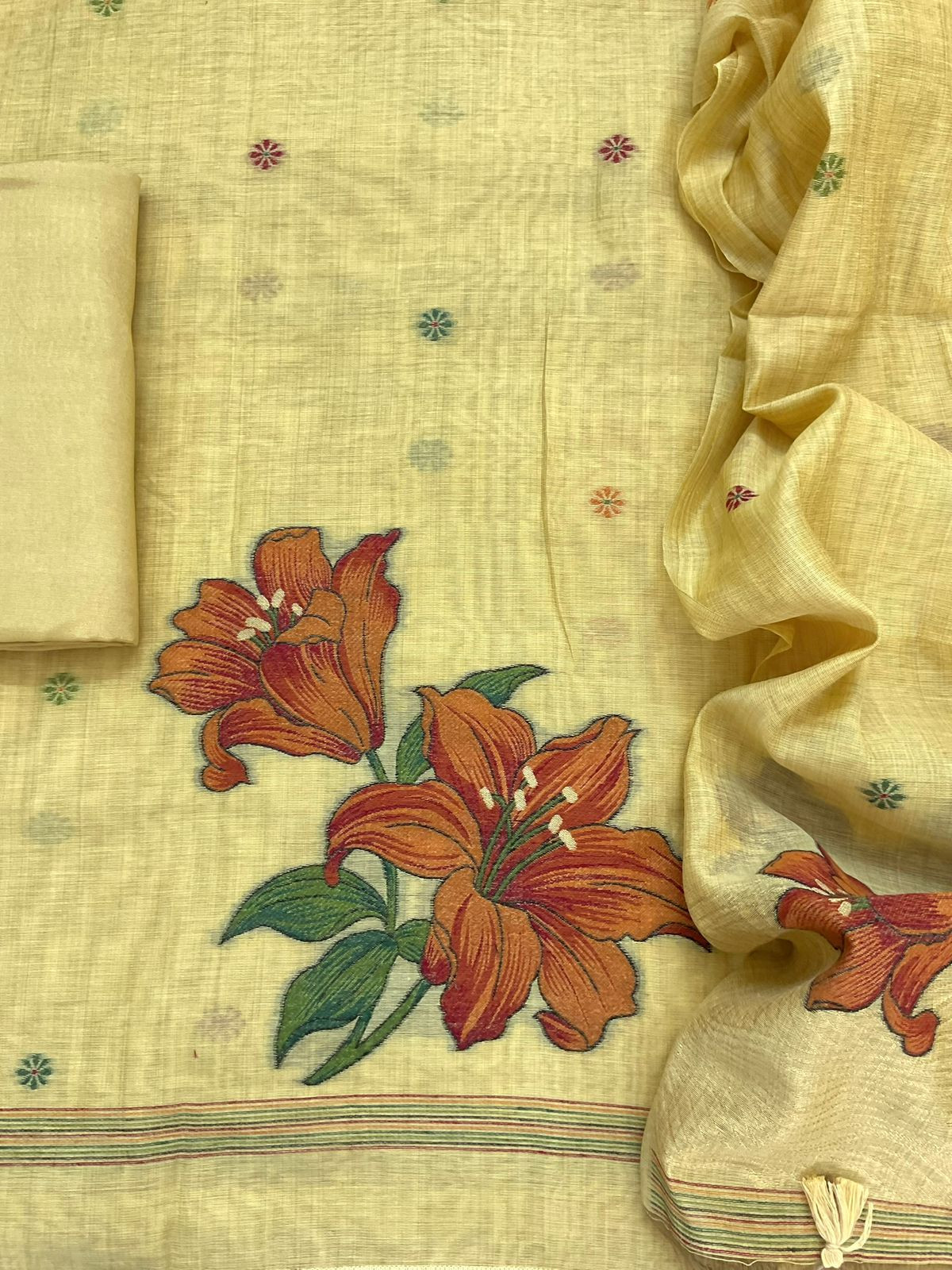 Soft Slub Chanderi Jamdani Weaved Embroidered Suit - Yellow