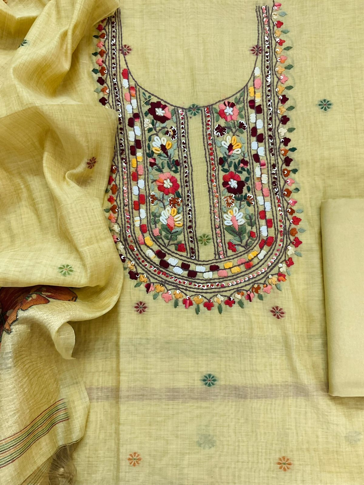 Soft Slub Chanderi Jamdani Weaved Embroidered Suit - Yellow