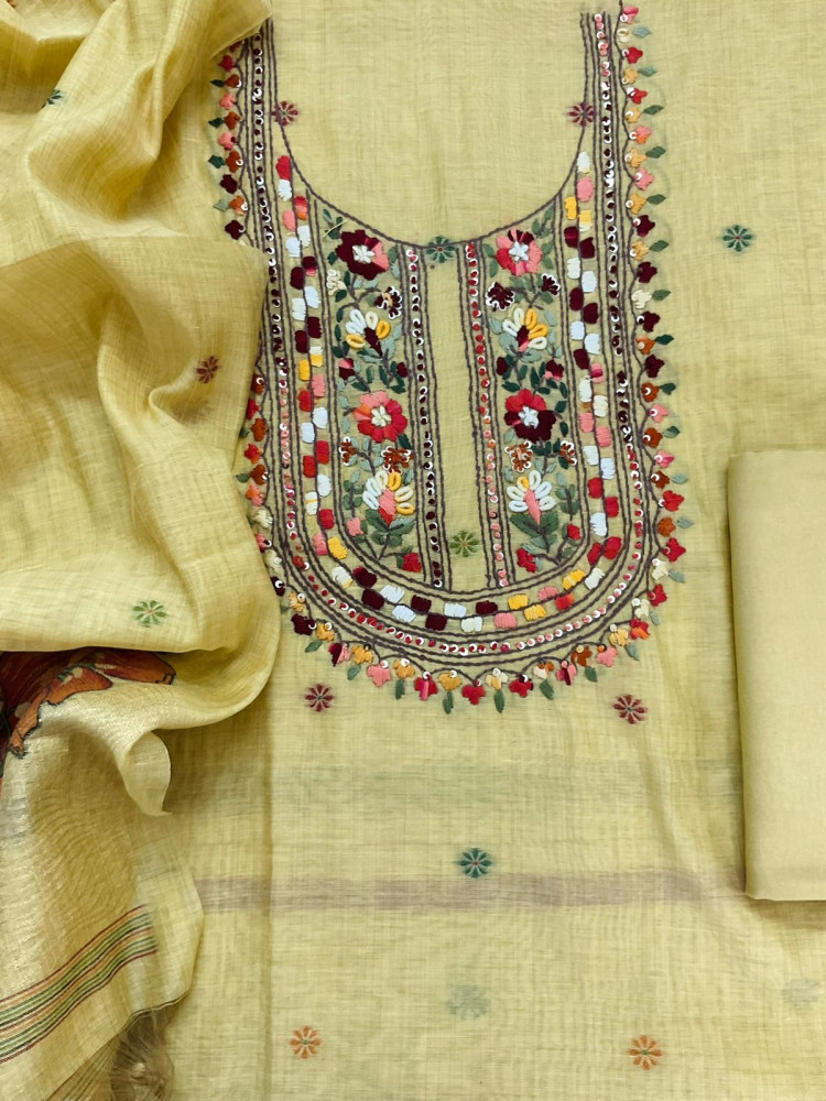 Image of Soft Slub Chanderi Jamdani Weaved Embroidered Suit - Yellow