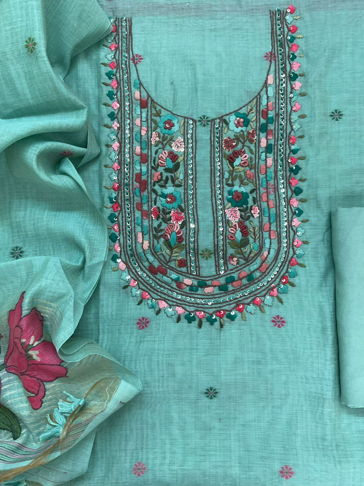 Soft Slub Chanderi Jamdani Weaved Embroidered Suit - Blue