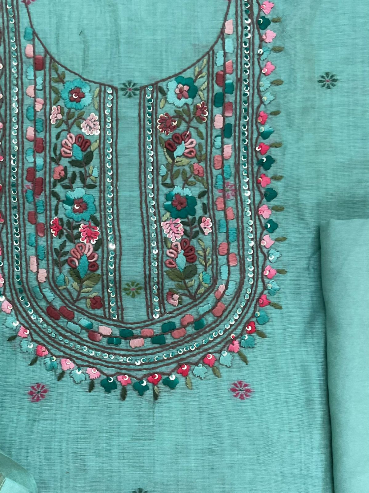 Soft Slub Chanderi Jamdani Weaved Embroidered Suit - Blue