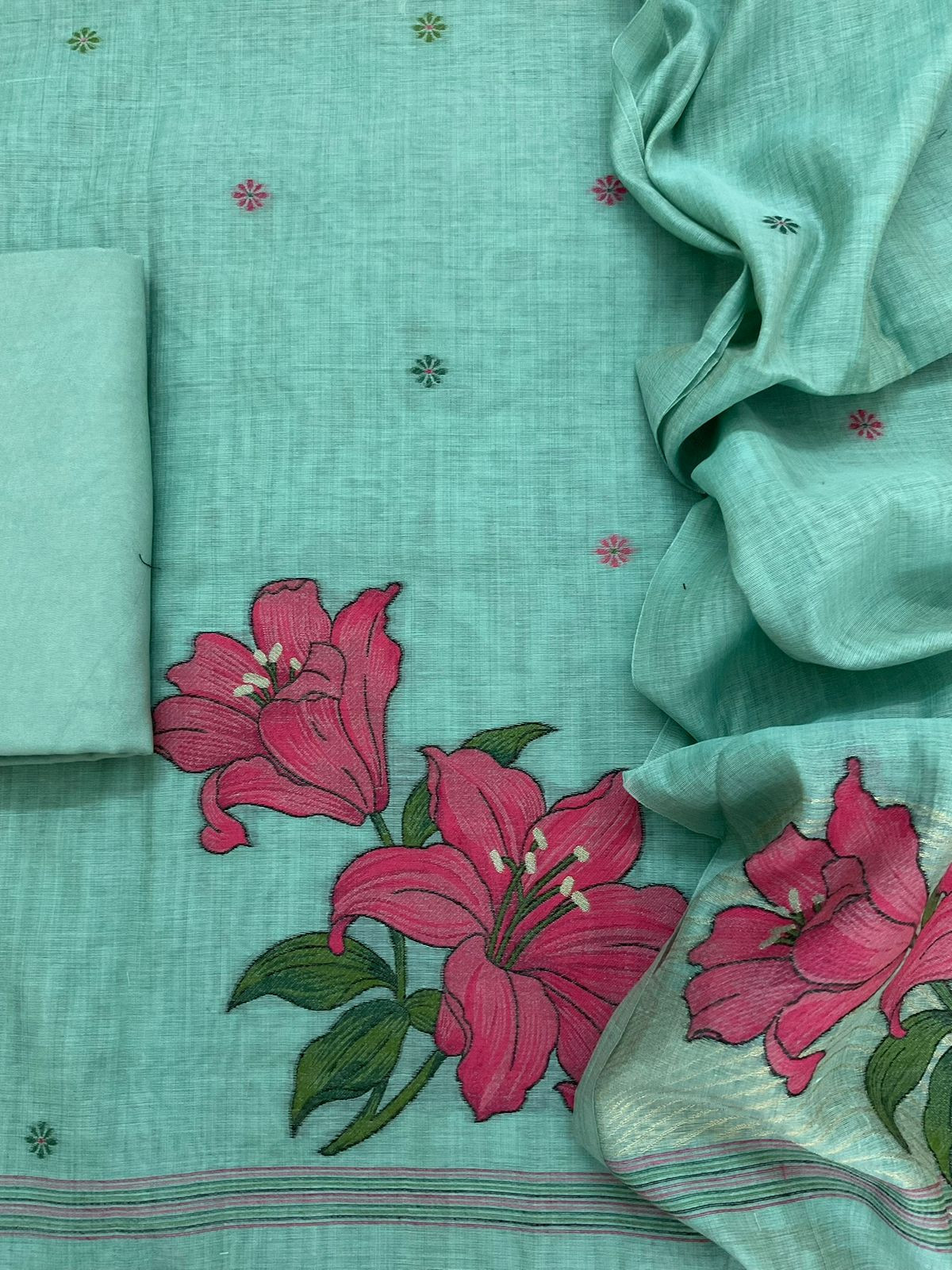 Soft Slub Chanderi Jamdani Weaved Embroidered Suit - Blue