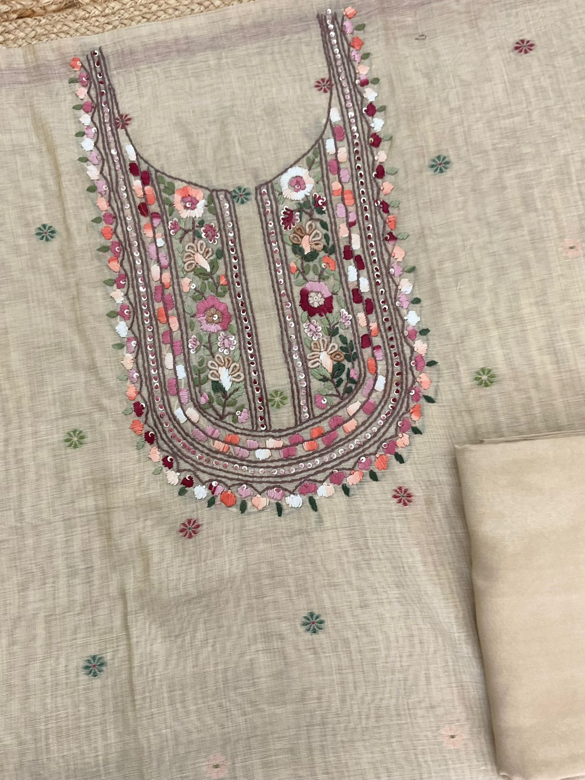 Soft Slub Chanderi Jamdani Weaved Embroidered Suit - Beige