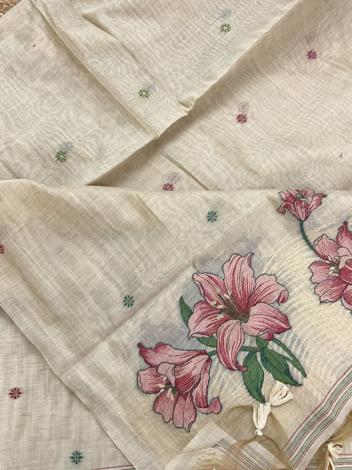 Soft Slub Chanderi Jamdani Weaved Embroidered Suit - Beige