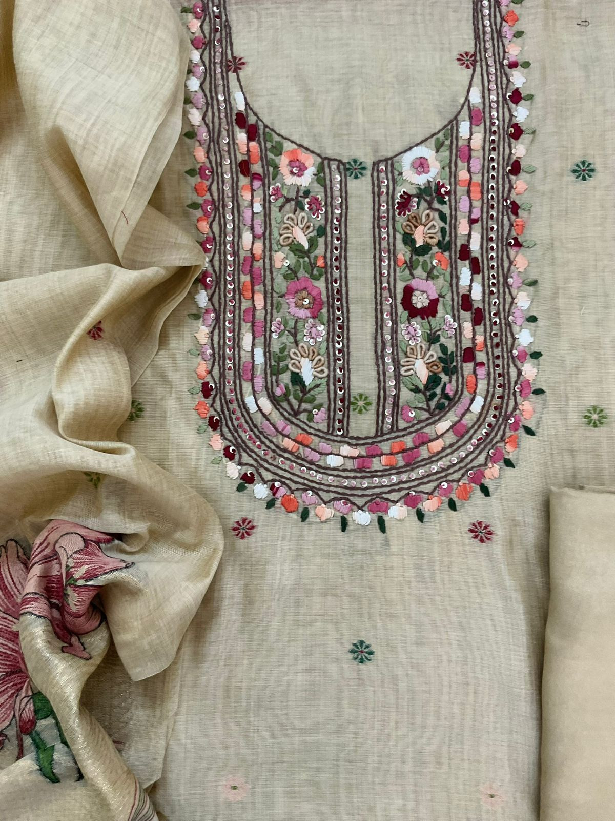 Soft Slub Chanderi Jamdani Weaved Embroidered Suit - Beige