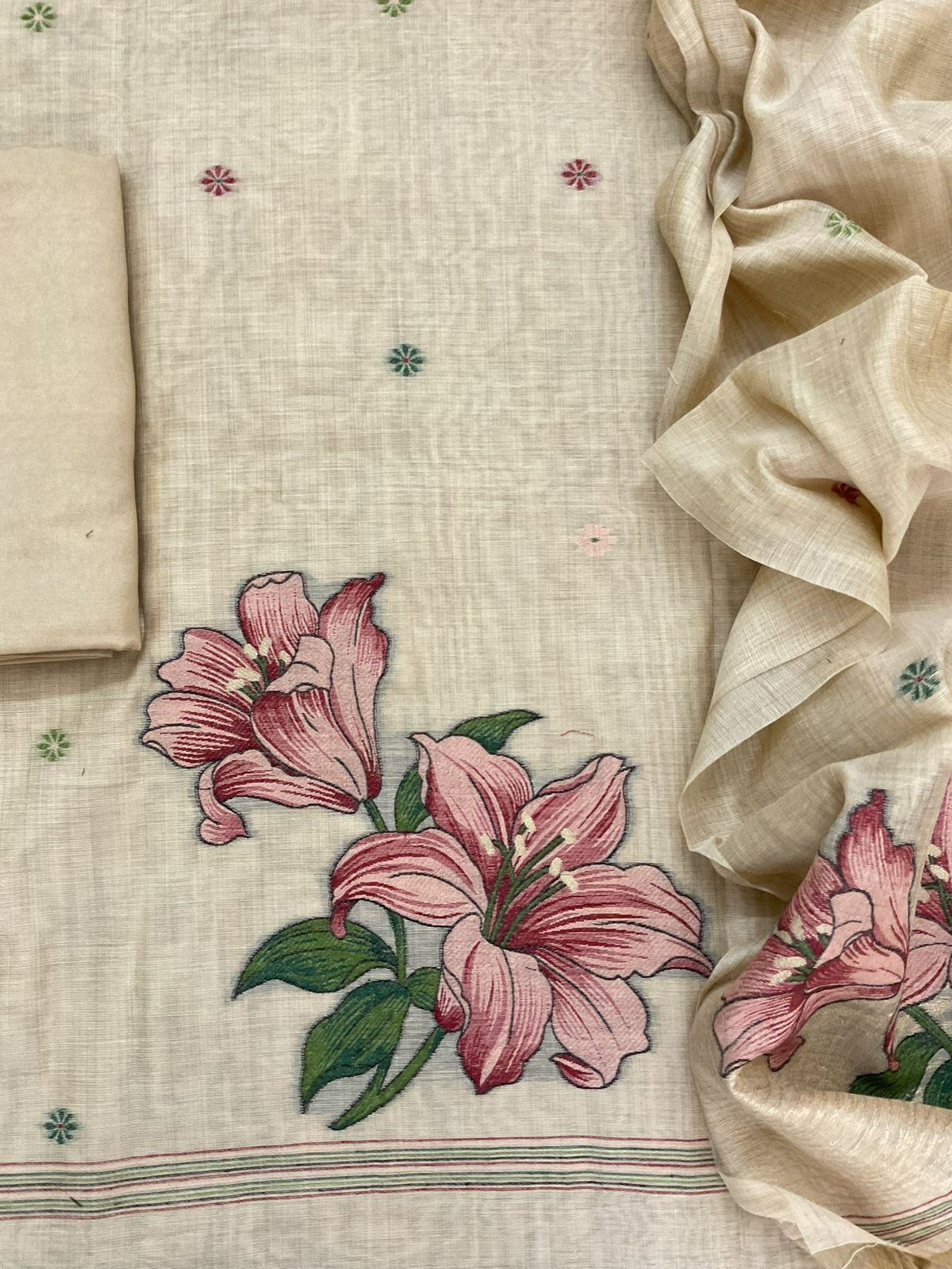 Soft Slub Chanderi Jamdani Weaved Embroidered Suit - Beige