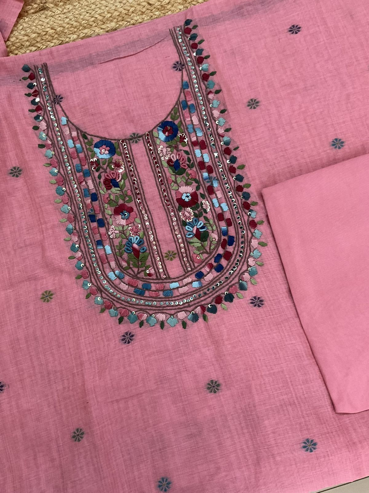Soft Slub Chanderi Jamdani Weaved Embroidered Suit - Pink