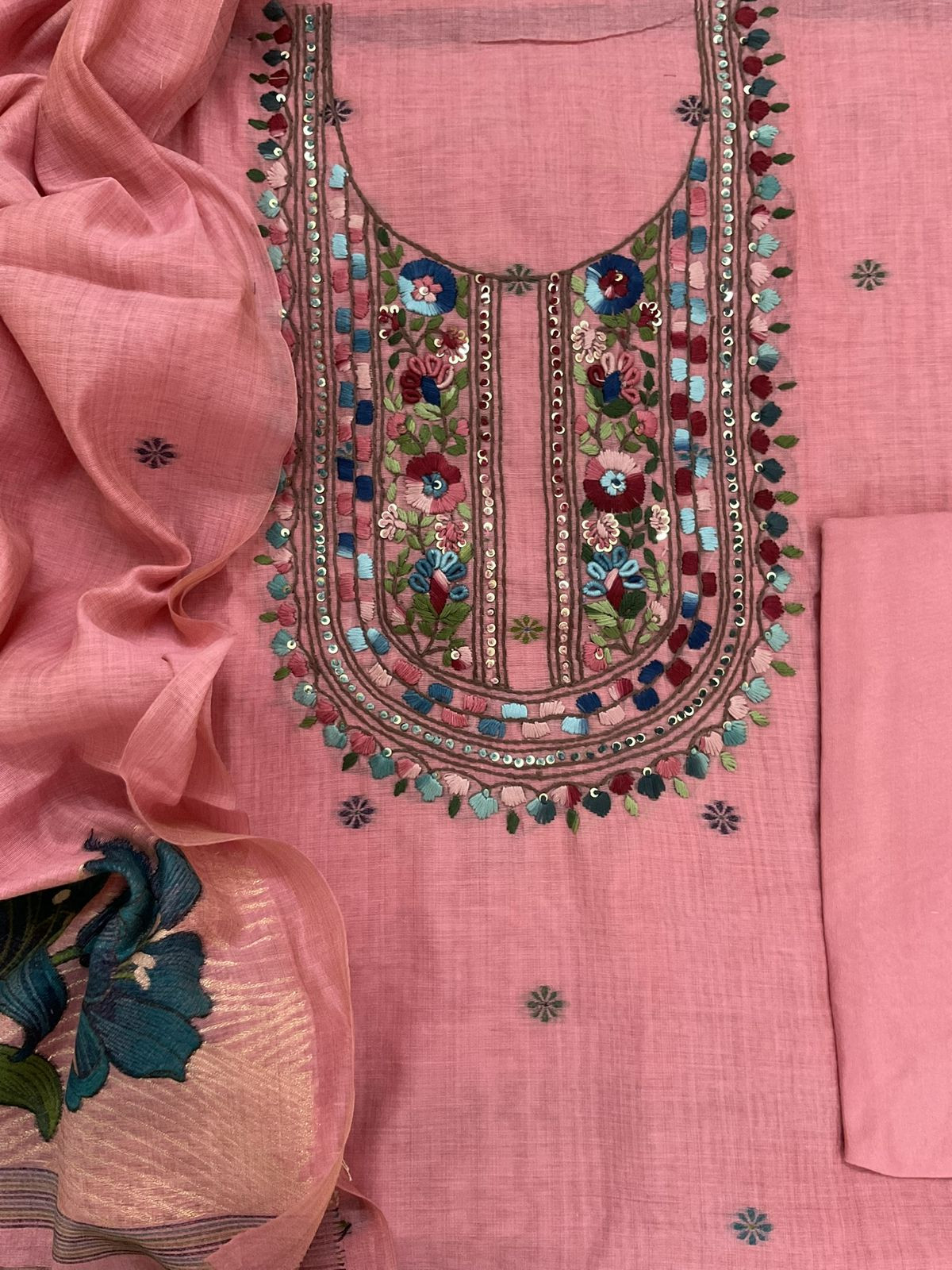 Soft Slub Chanderi Jamdani Weaved Embroidered Suit - Pink