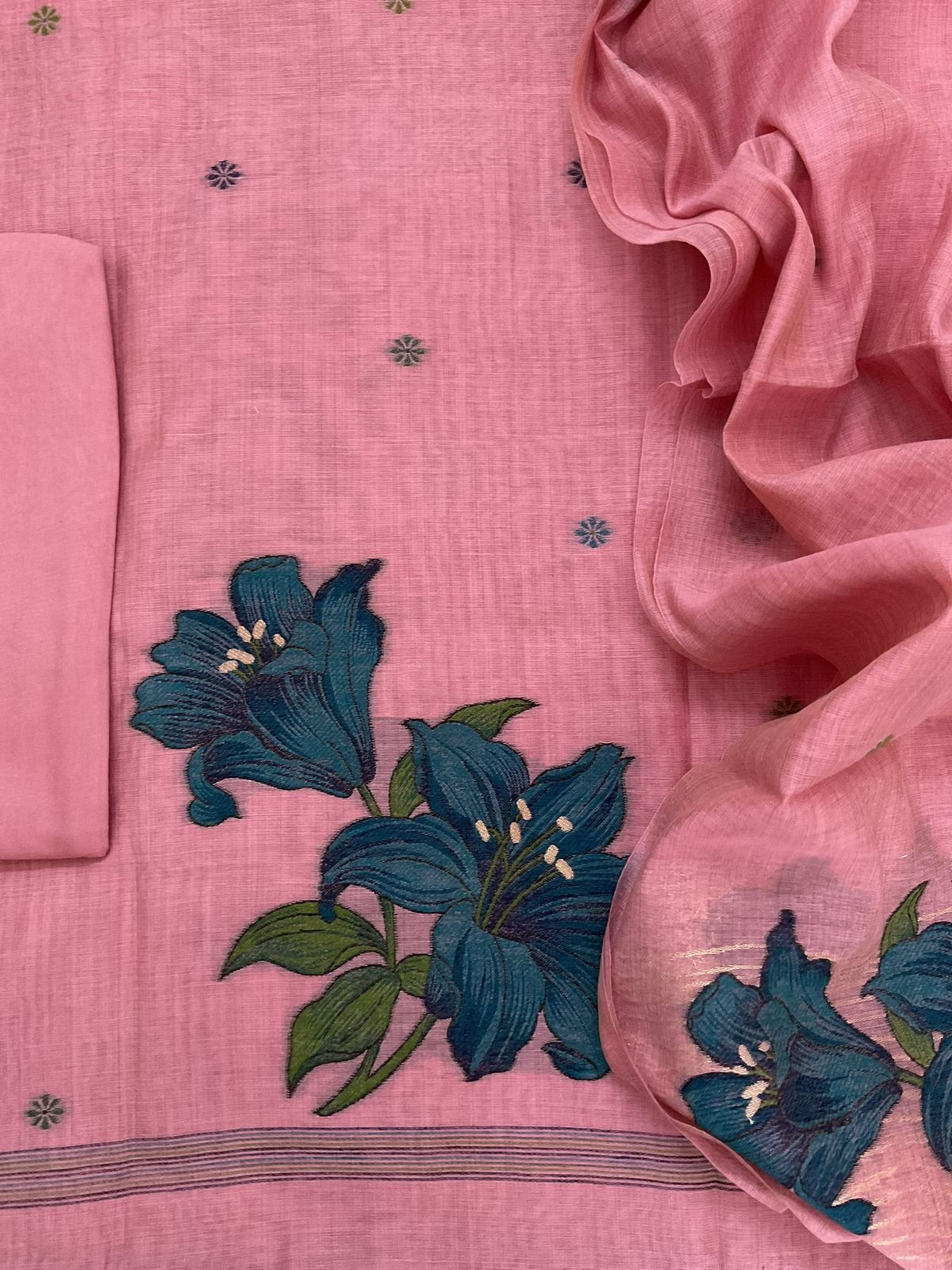 Soft Slub Chanderi Jamdani Weaved Embroidered Suit - Pink