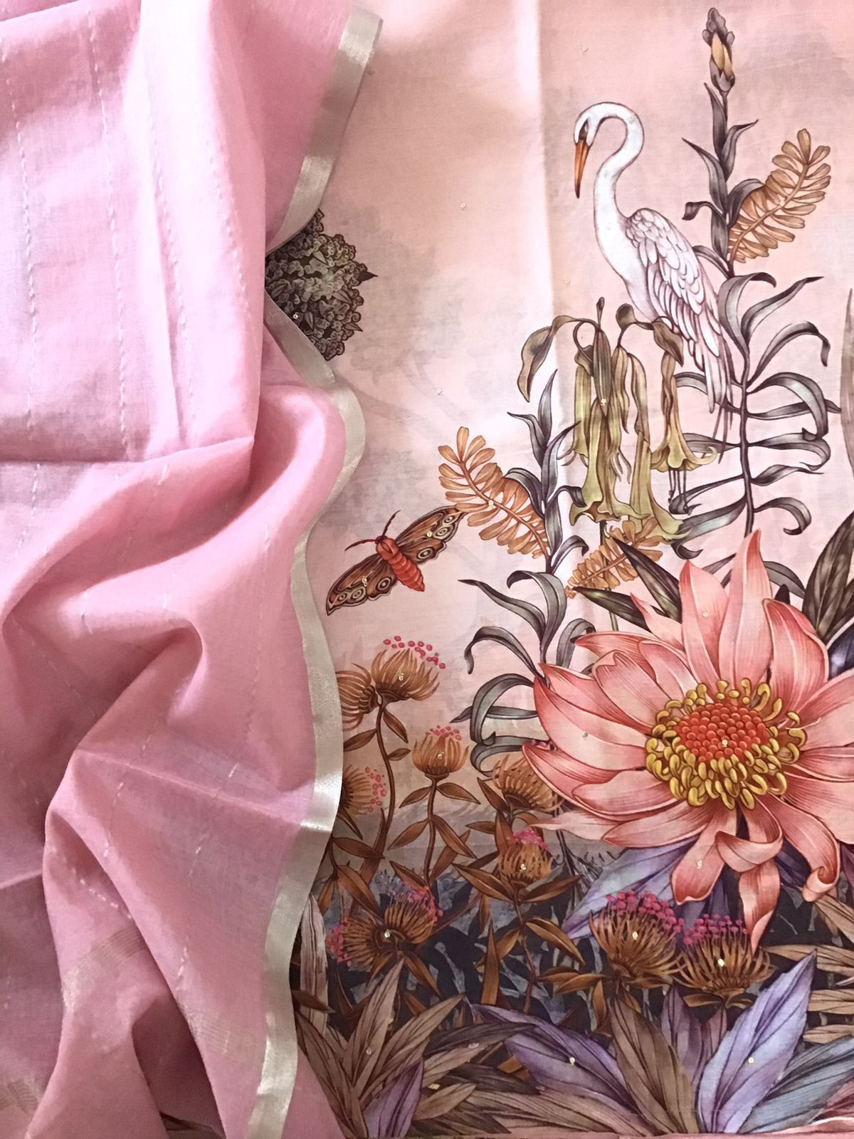 Pure Chanderi Printed Embroidered Suit - Pink