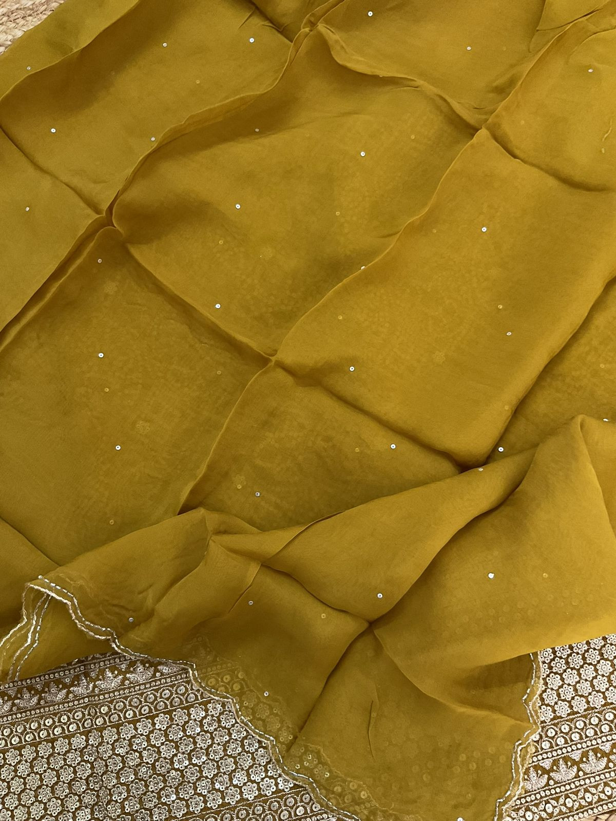 Pure Tissue Shimmer Silk Printed Embroidered Suit - Yellow