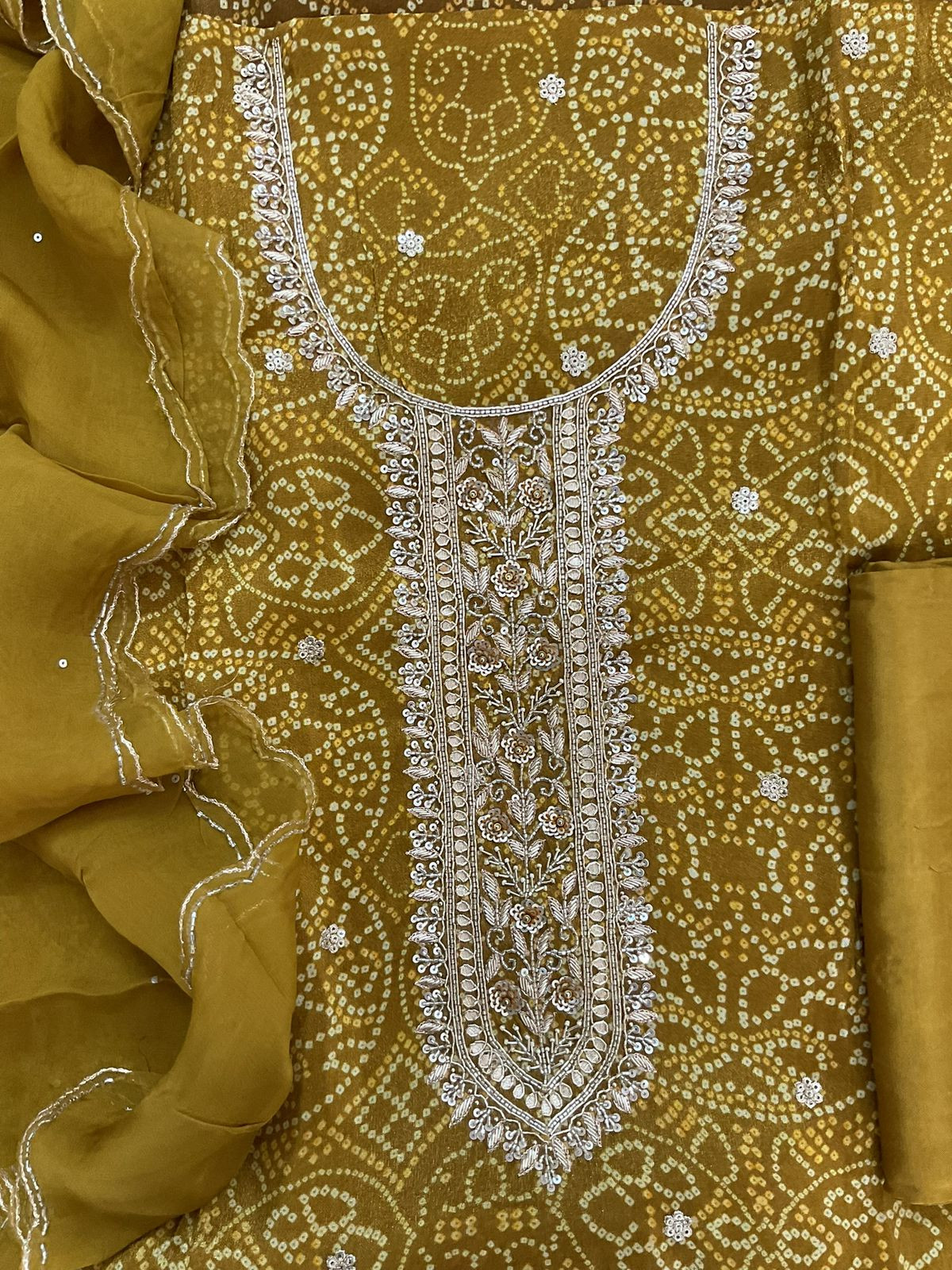 Pure Tissue Shimmer Silk Printed Embroidered Suit - Yellow