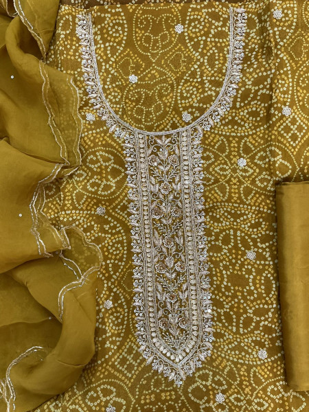 Image of Pure Tissue Shimmer Silk Printed Embroidered Suit - Yellow