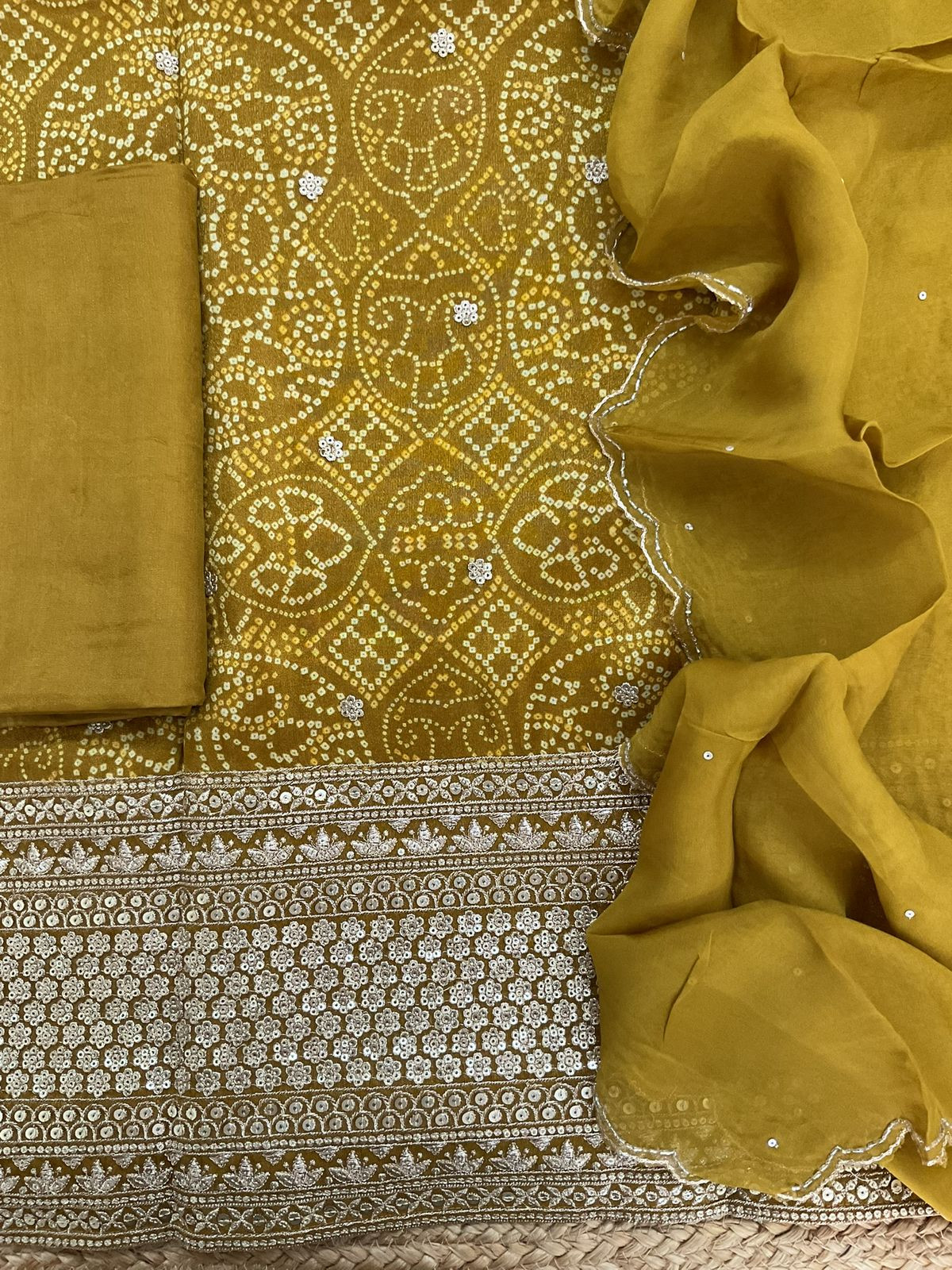 Pure Tissue Shimmer Silk Printed Embroidered Suit - Yellow